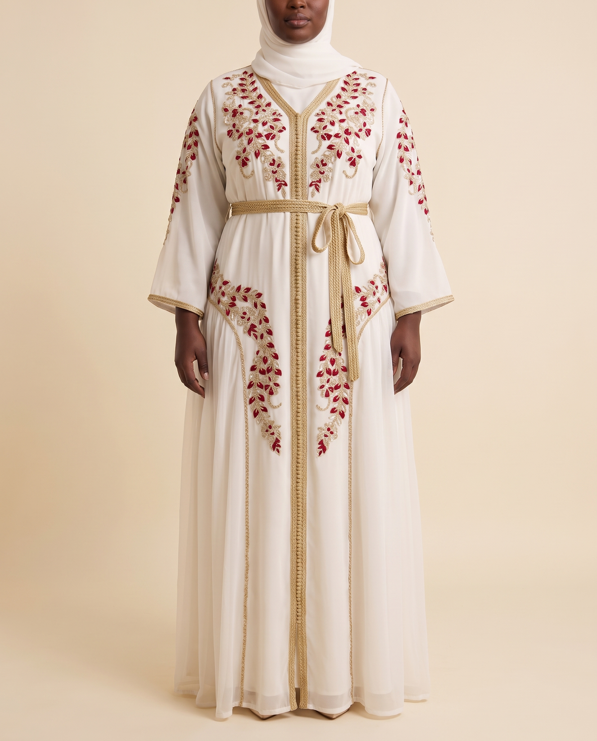 Yasmin embroidered chiffon kaftan in Ivory, front