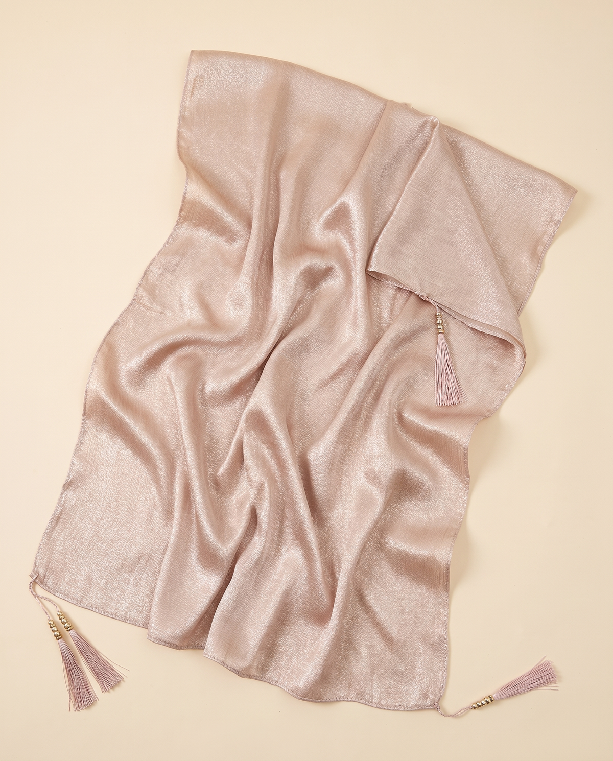 Yara tasseled shimmer shawl in Champagne, flat