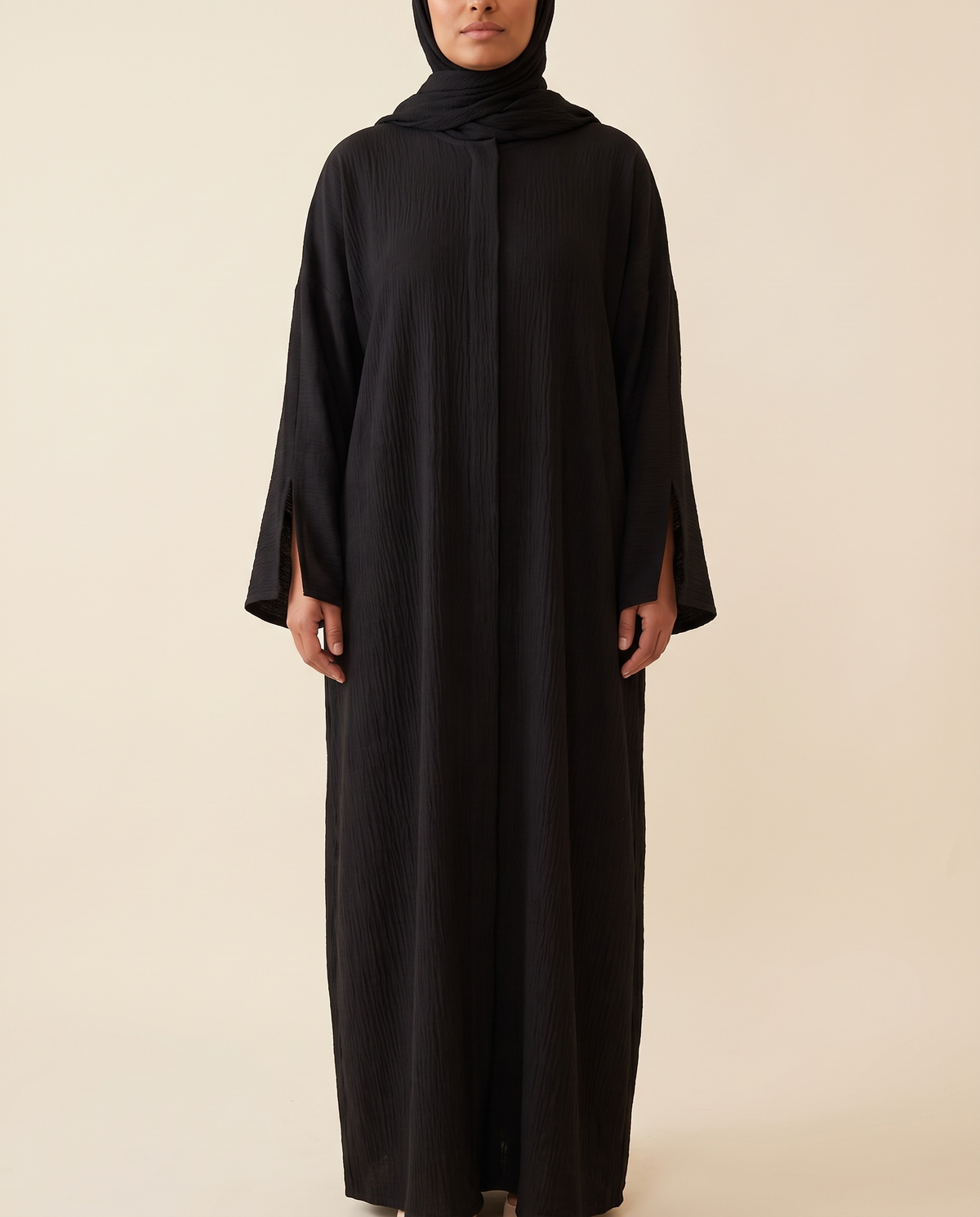 Wijdan textured split-sleeve abaya in Black, front