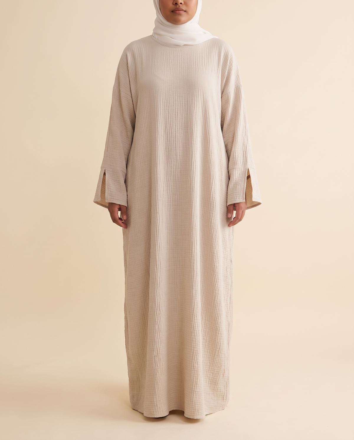 Wijdan textured split-sleeve abaya in Oatmeal, front
