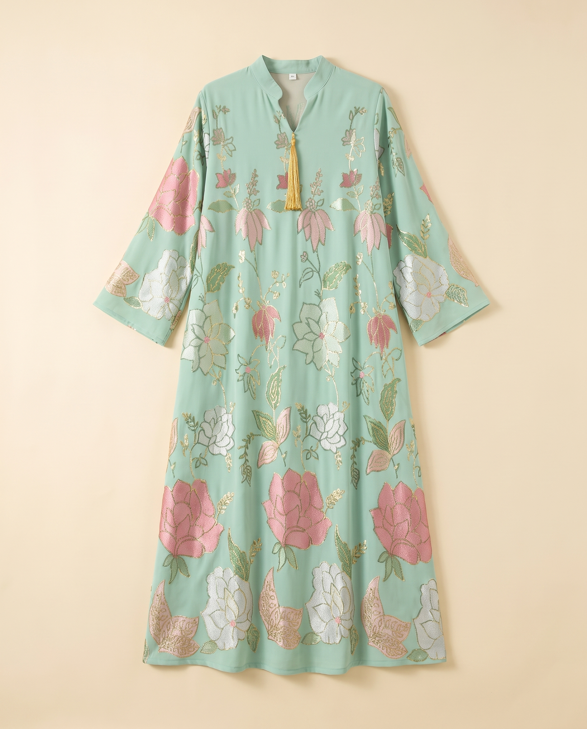 Zahra floral jacquard kaftan in Mint Floral, flat lay