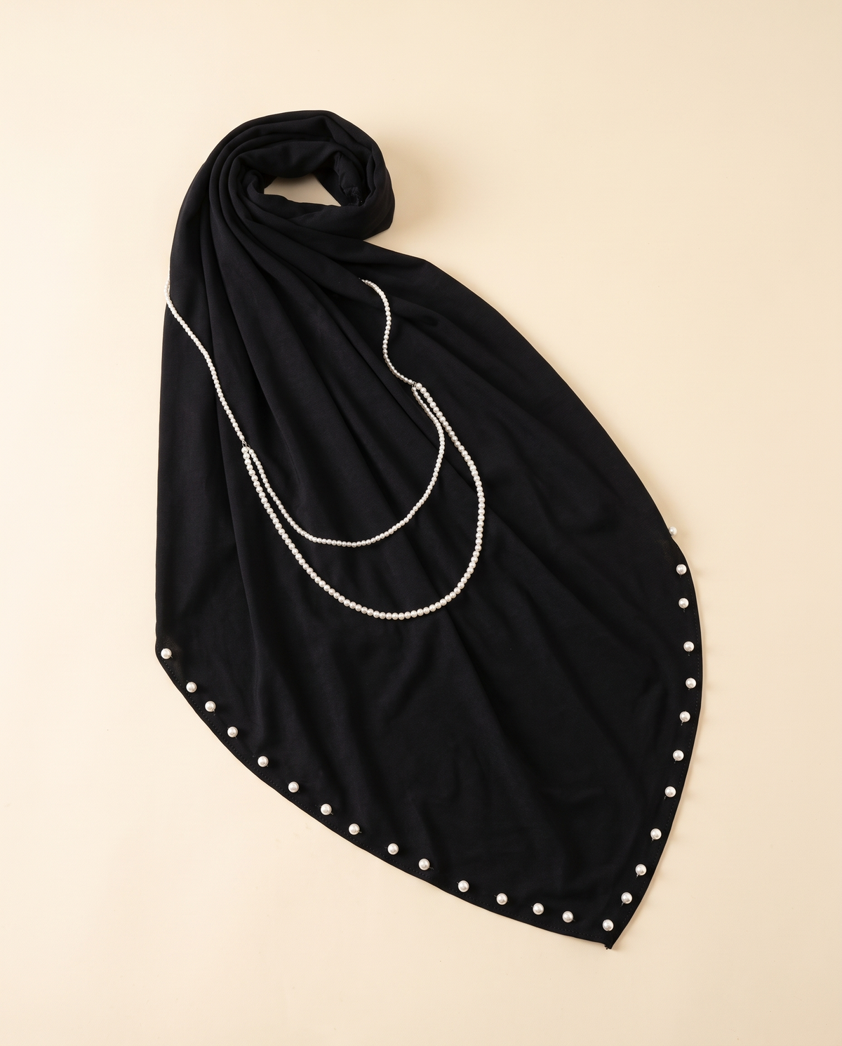 Zahia pearl-trim instant hijab in Black, flat