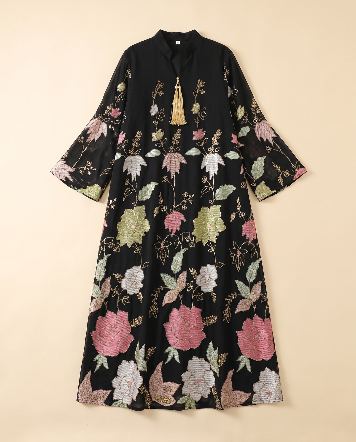 Zahra floral jacquard kaftan in Black Floral, flat lay