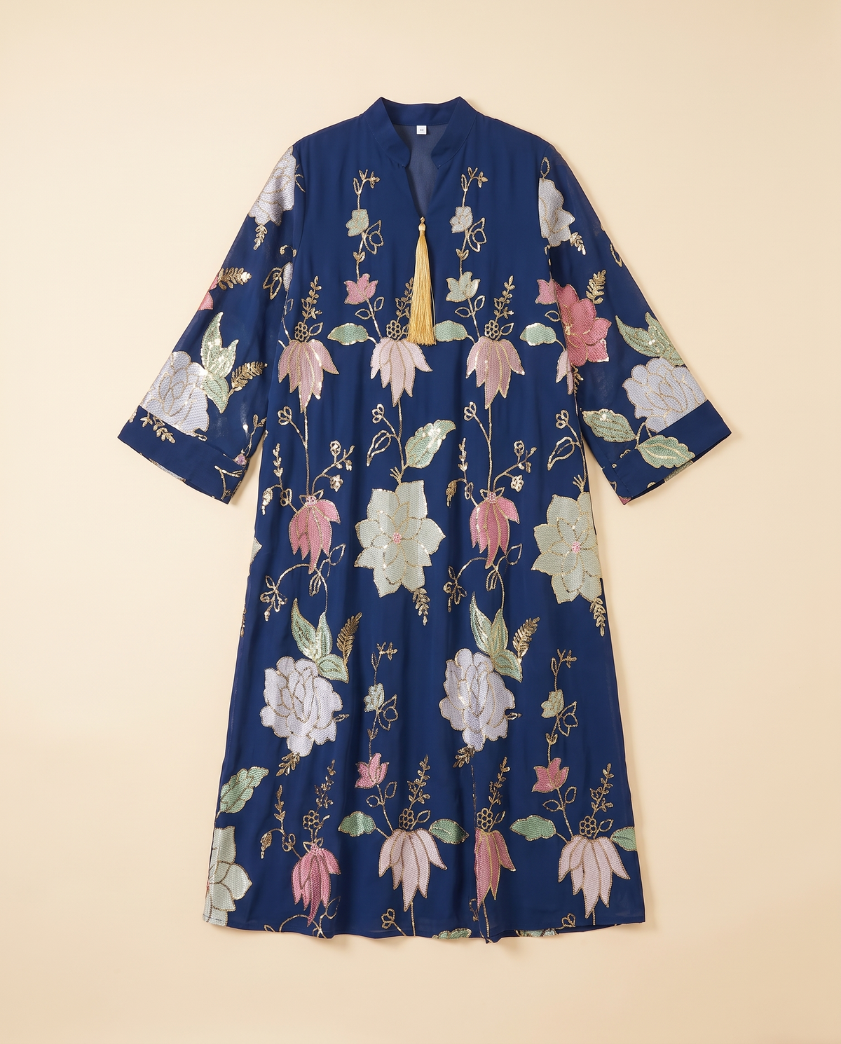 Zahra floral jacquard kaftan in Navy Floral, flat lay