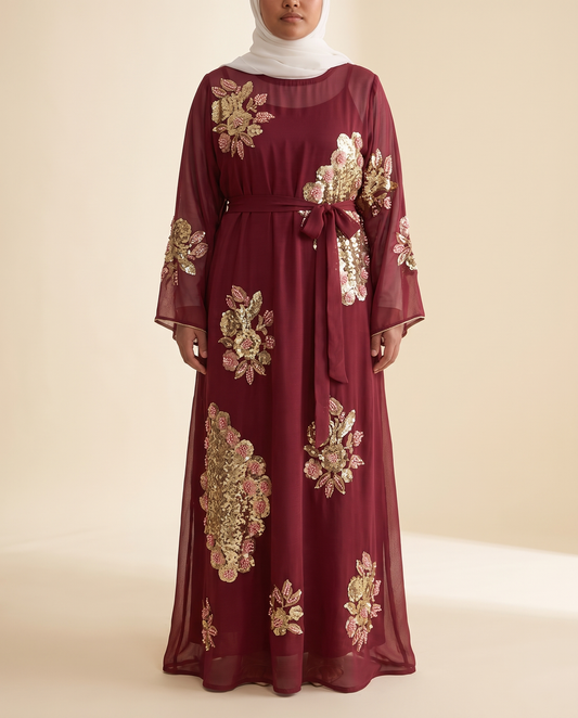 Zaina embroidered sequin kaftan in Wine Red, front