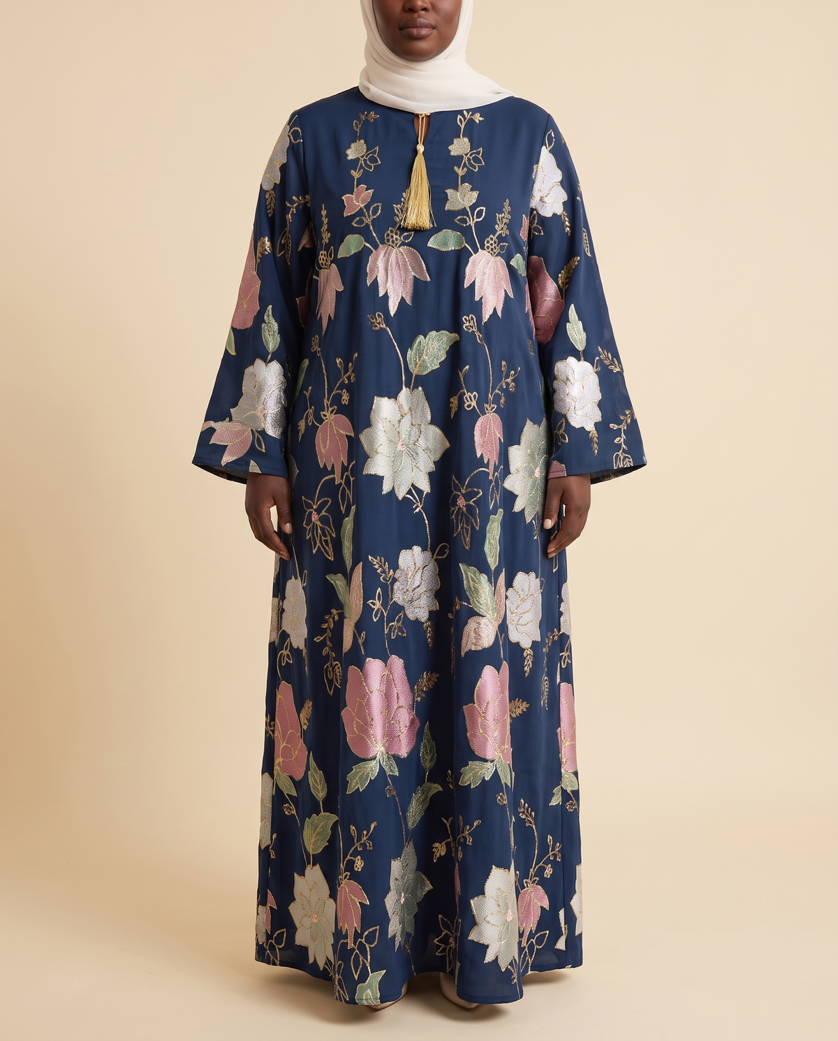 Zahra floral jacquard kaftan in Navy Floral, front