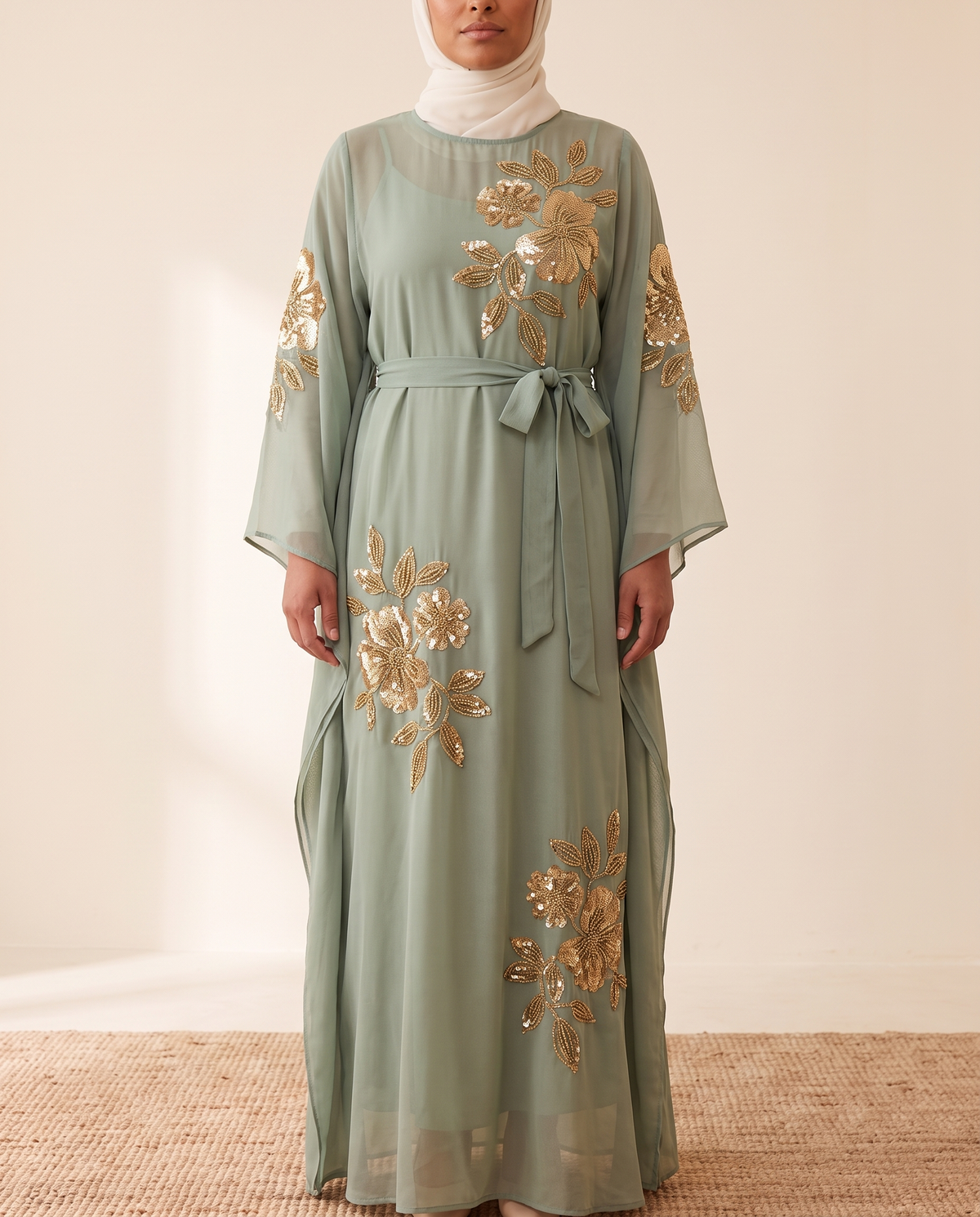 Zaina embroidered sequin kaftan in Sage, front