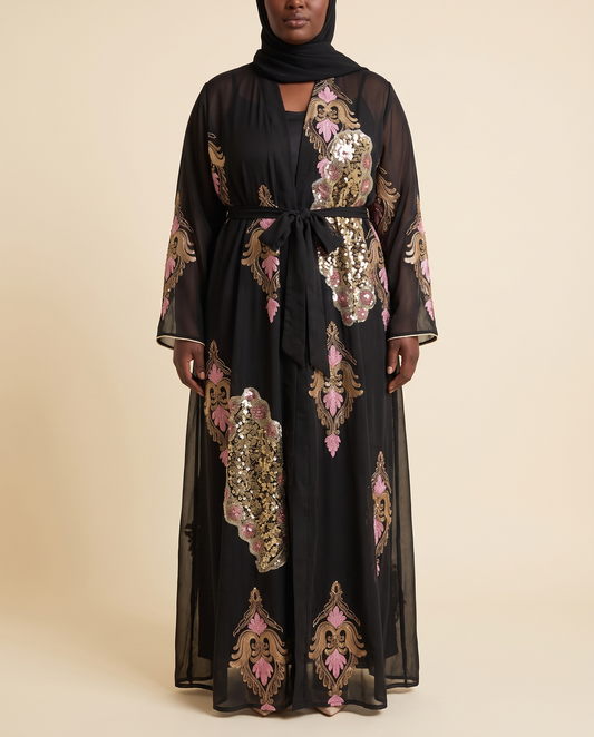 Zaina embroidered sequin kaftan in Black, front