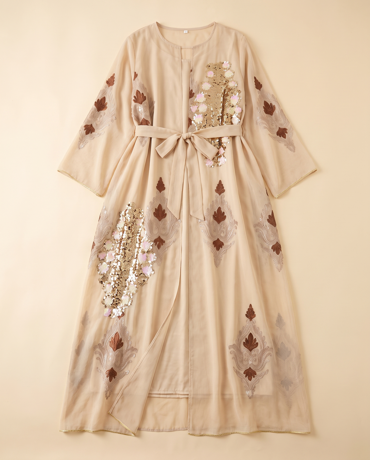 Zaina embroidered sequin kaftan in Champagne, flat lay