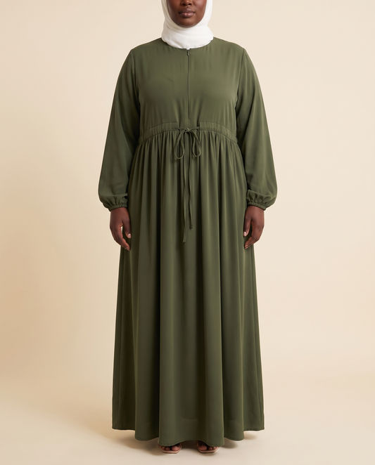 Zip-front swing abaya in Olive, front