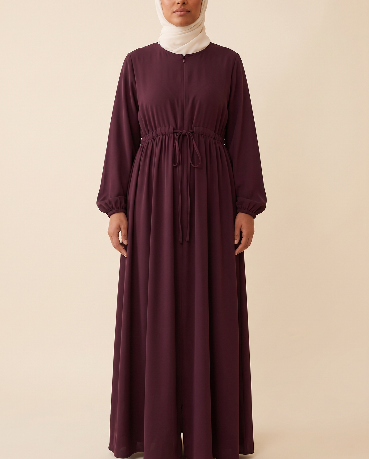 Zip-front swing abaya in Burgundy, front