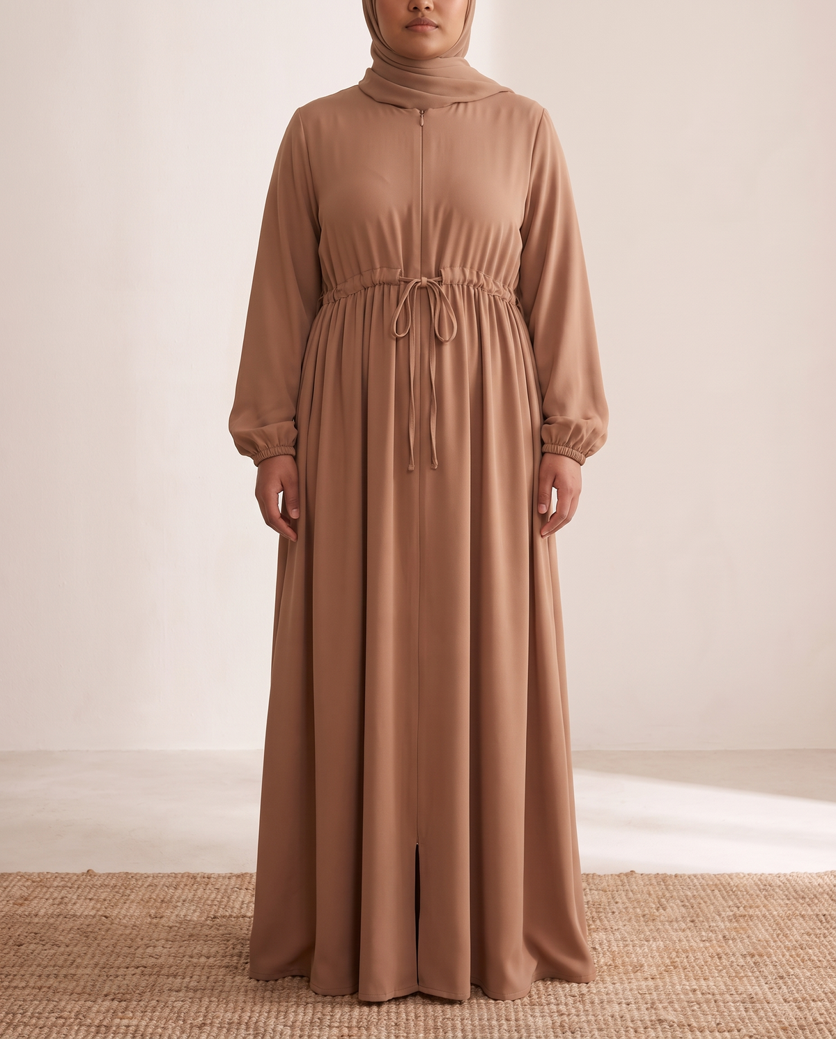 Zip-front swing abaya in Camel, front