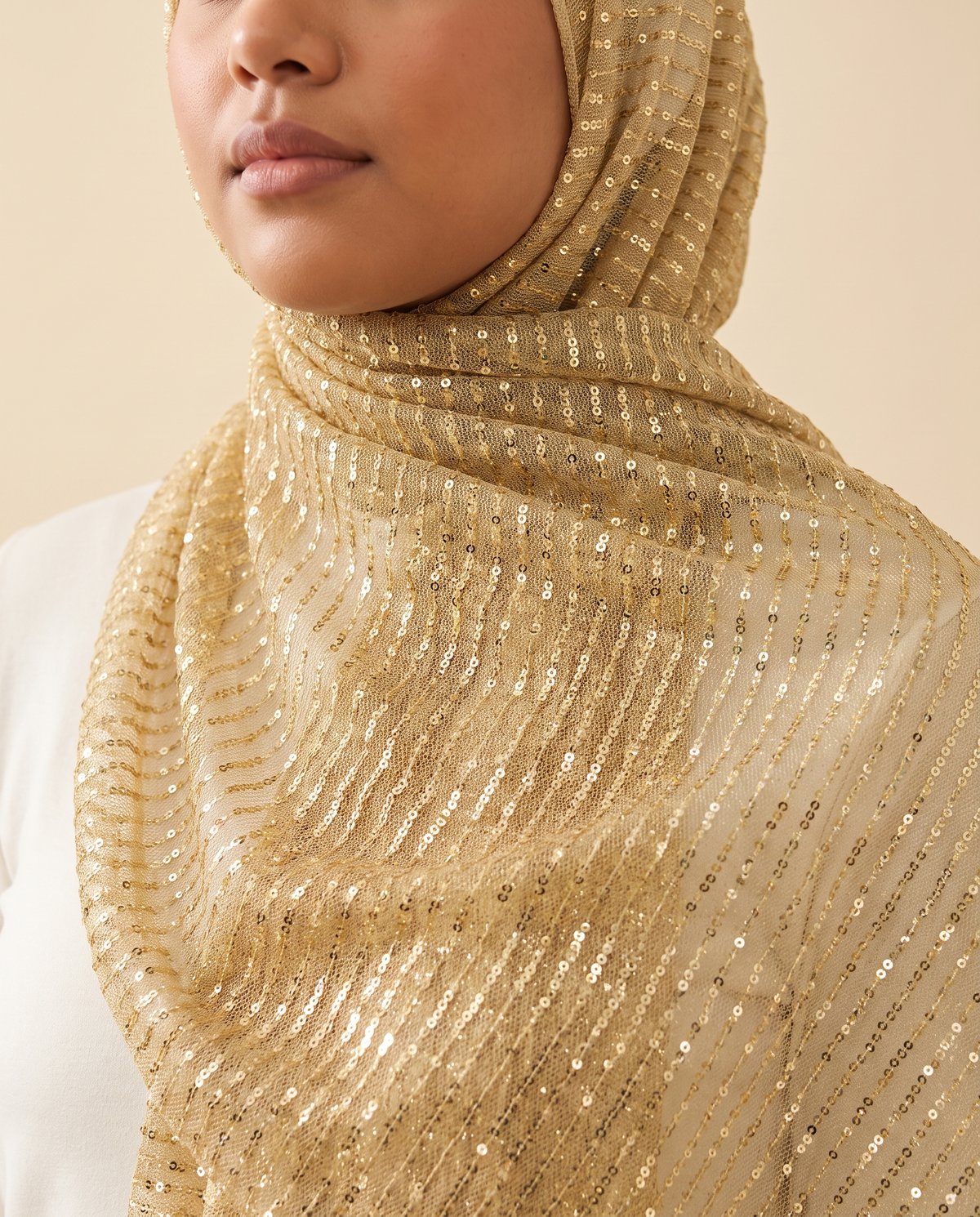 Zara sequin shimmer scarf in Gold, worn