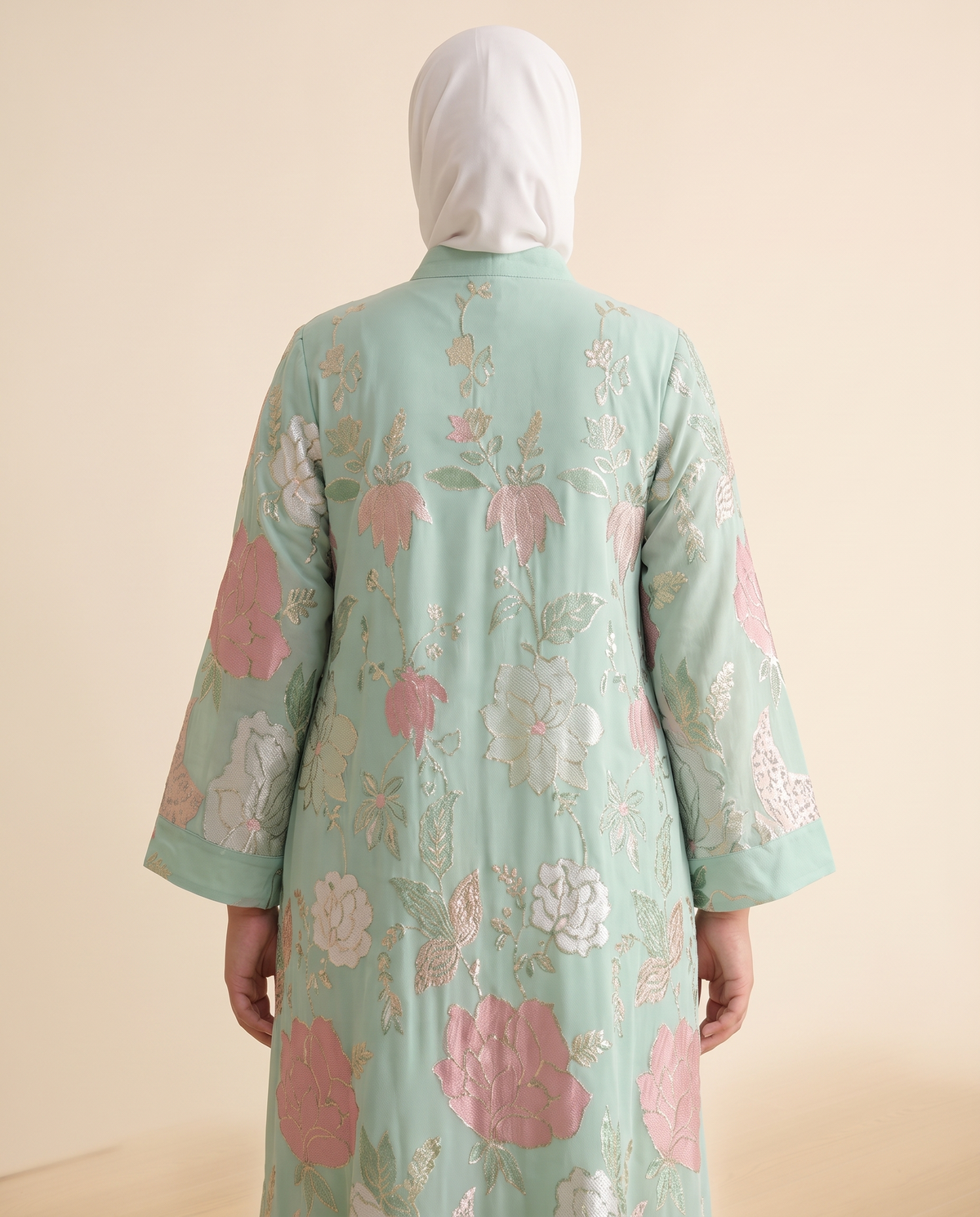 Zahra floral jacquard kaftan in Mint Floral, back view