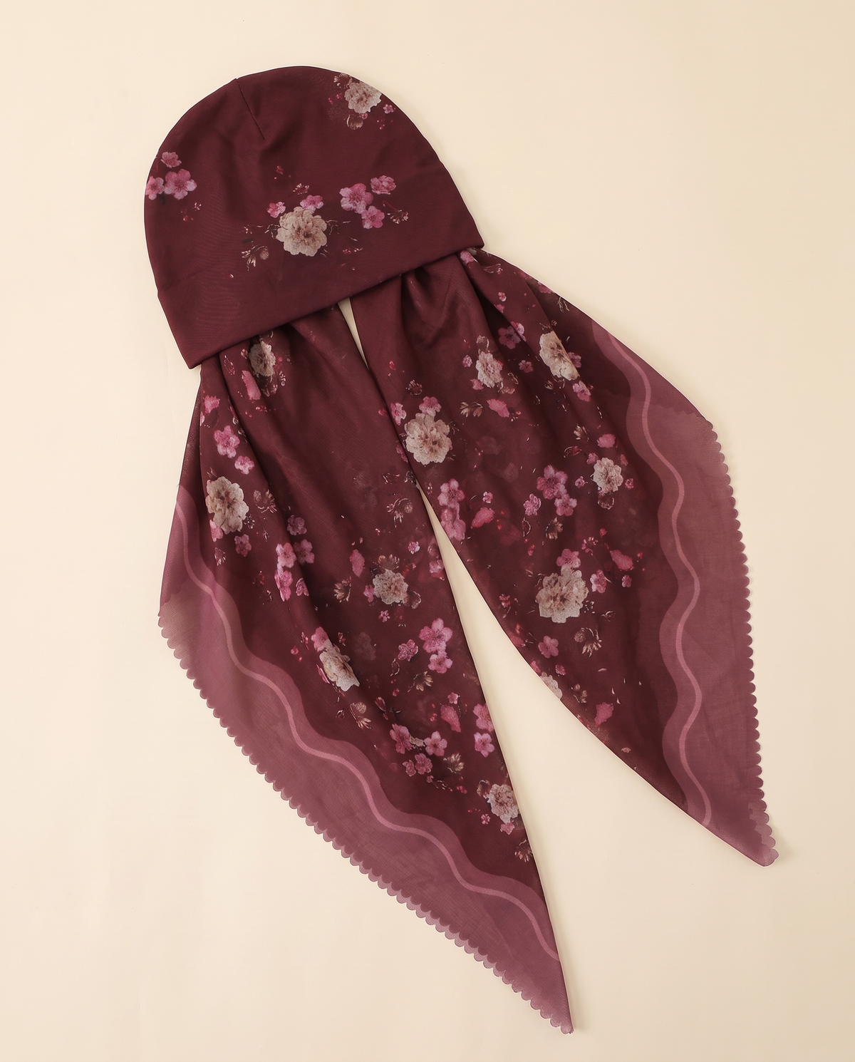 Voile slip-on instant hijab in Burgundy Floral, flat