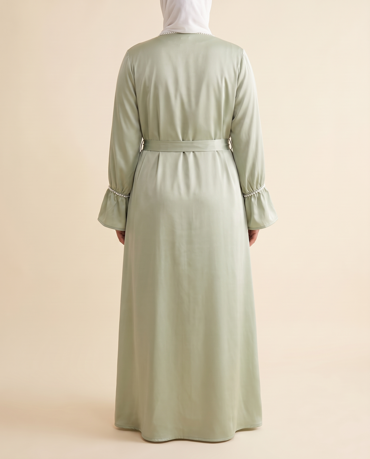 Thuraya beaded satin two-piece set in Sage, back view