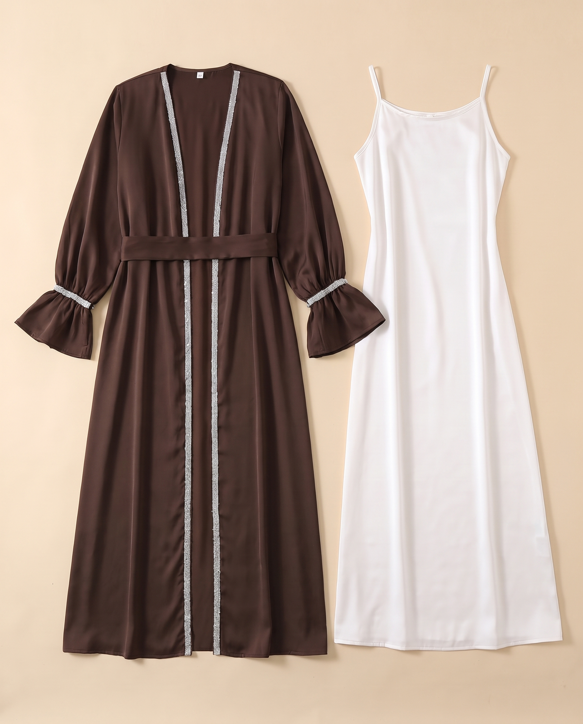 Thuraya beaded satin two-piece set in Chocolate, flat lay