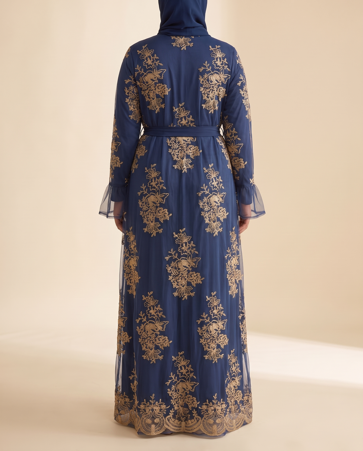 Warda gold-embroidered tulle abaya in Navy, back view