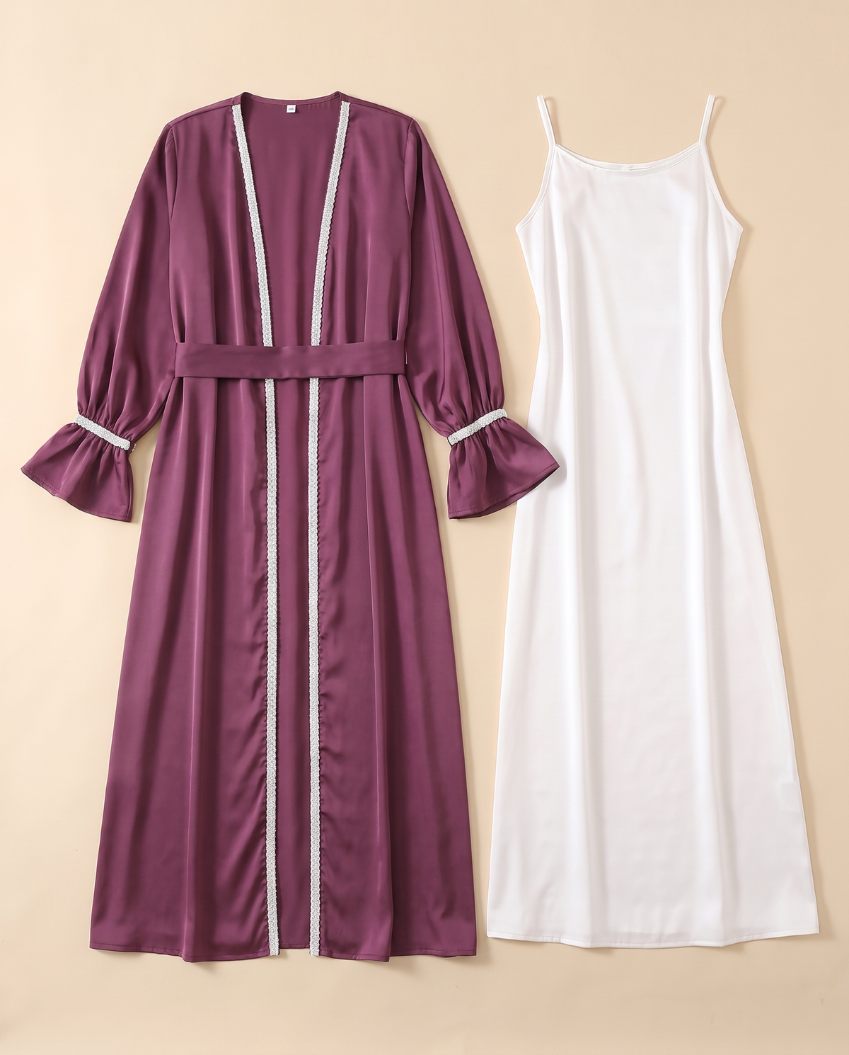 Thuraya beaded satin two-piece set in Plum, flat lay