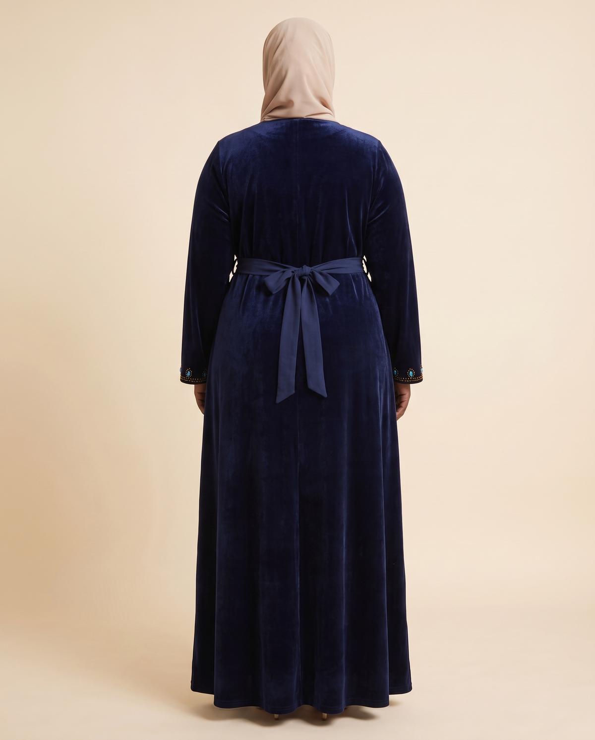 Beaded-yoke velvet abaya in Navy, back view