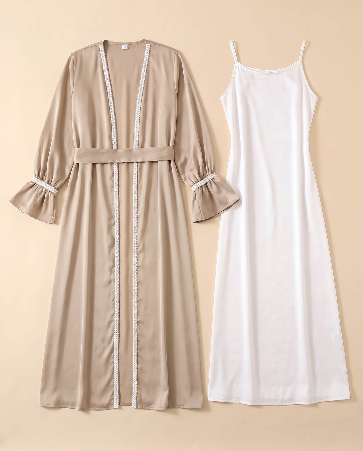 Thuraya beaded satin two-piece set in Sand, flat lay
