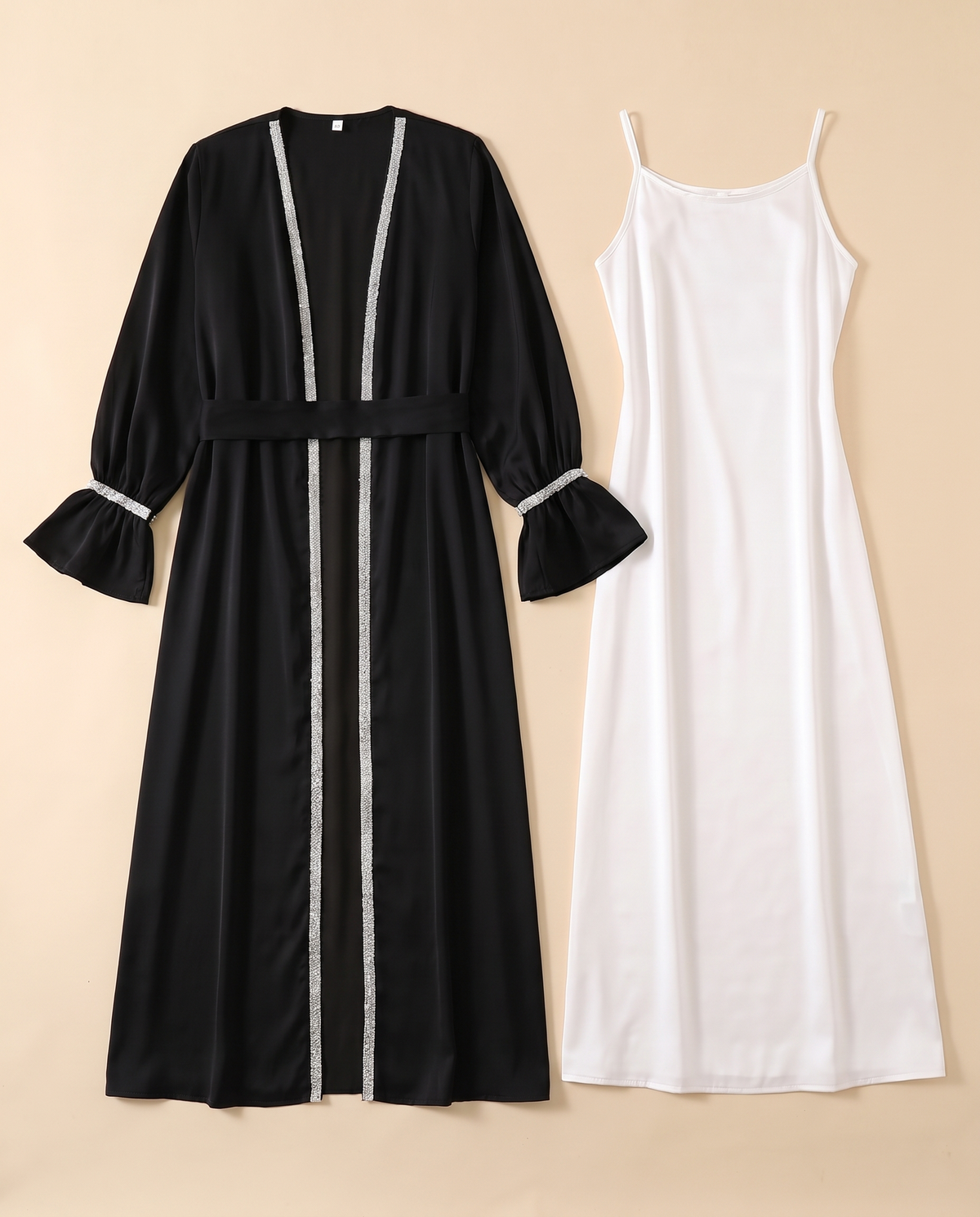 Thuraya beaded satin two-piece set in Black, flat lay