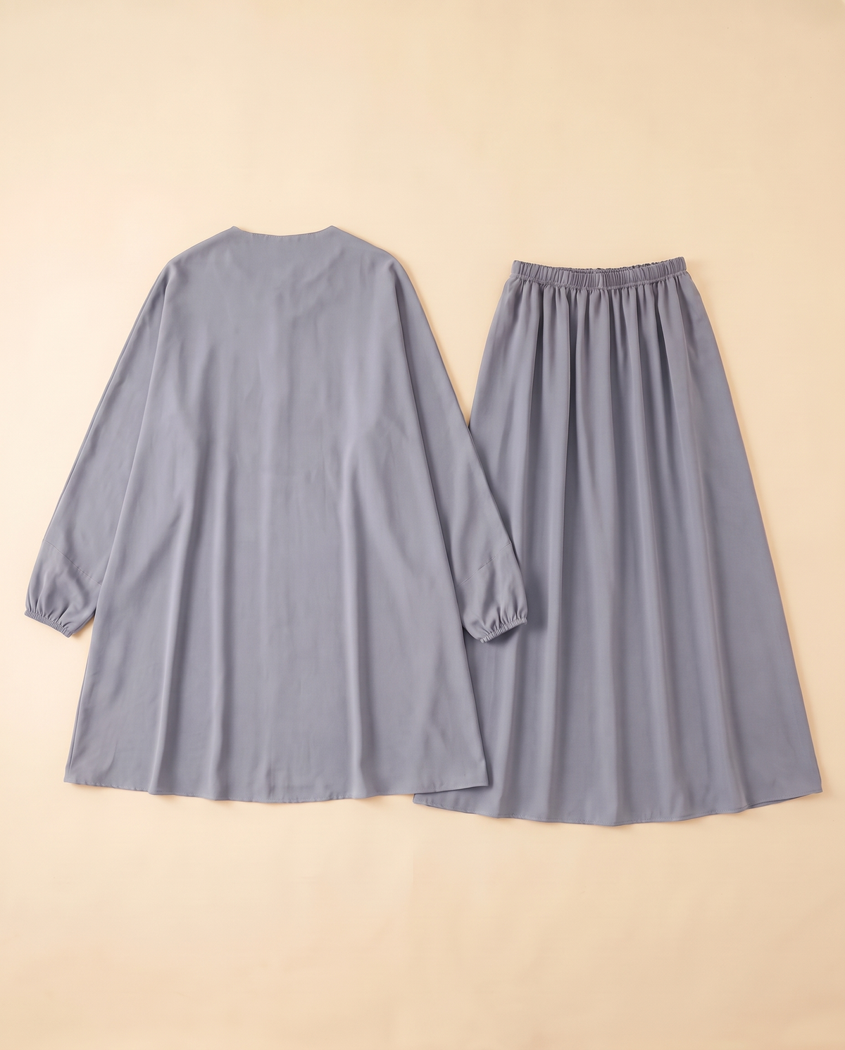 Two-piece khimar and skirt prayer set in Grey, flat lay