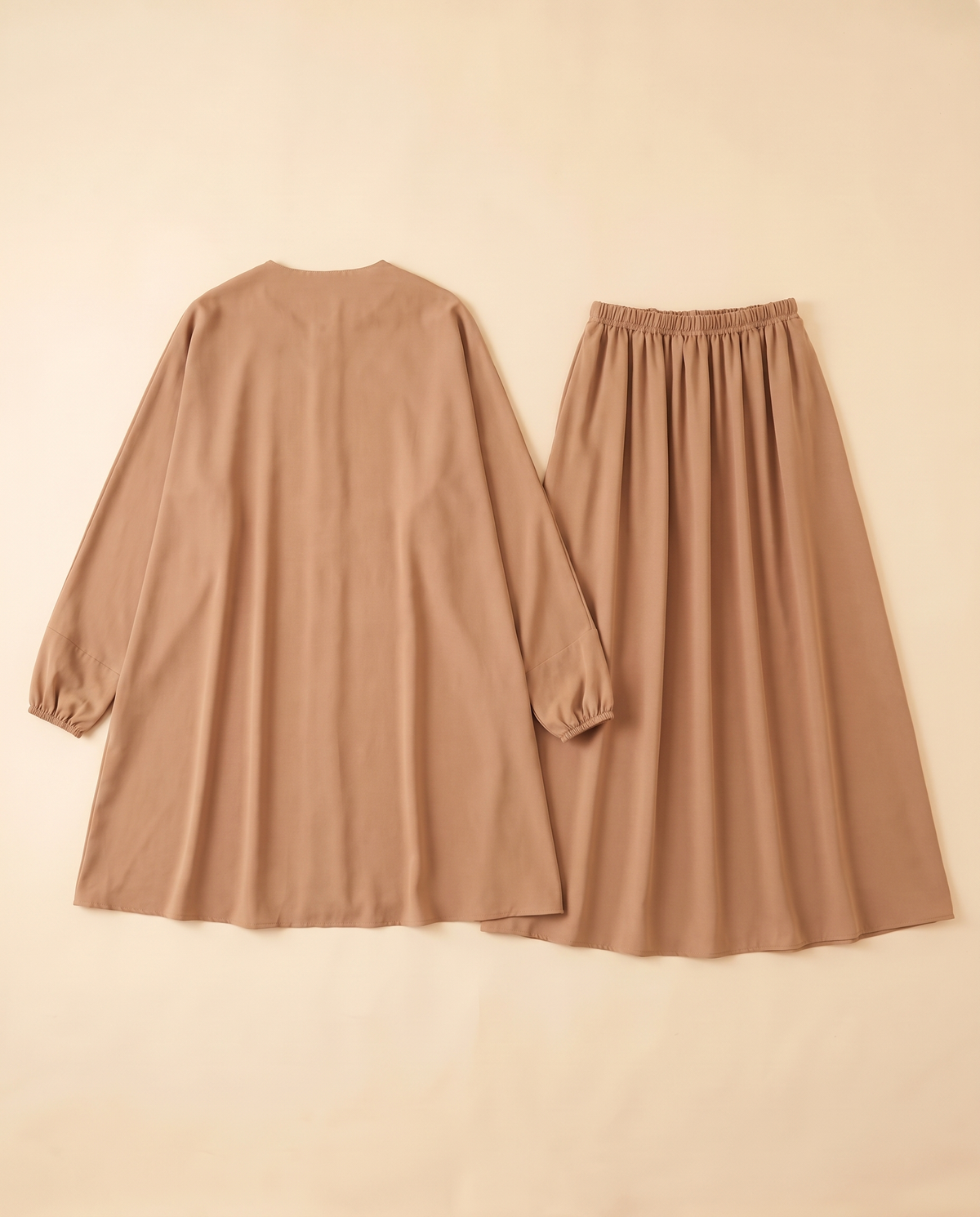 Two-piece khimar and skirt prayer set in Camel, flat lay