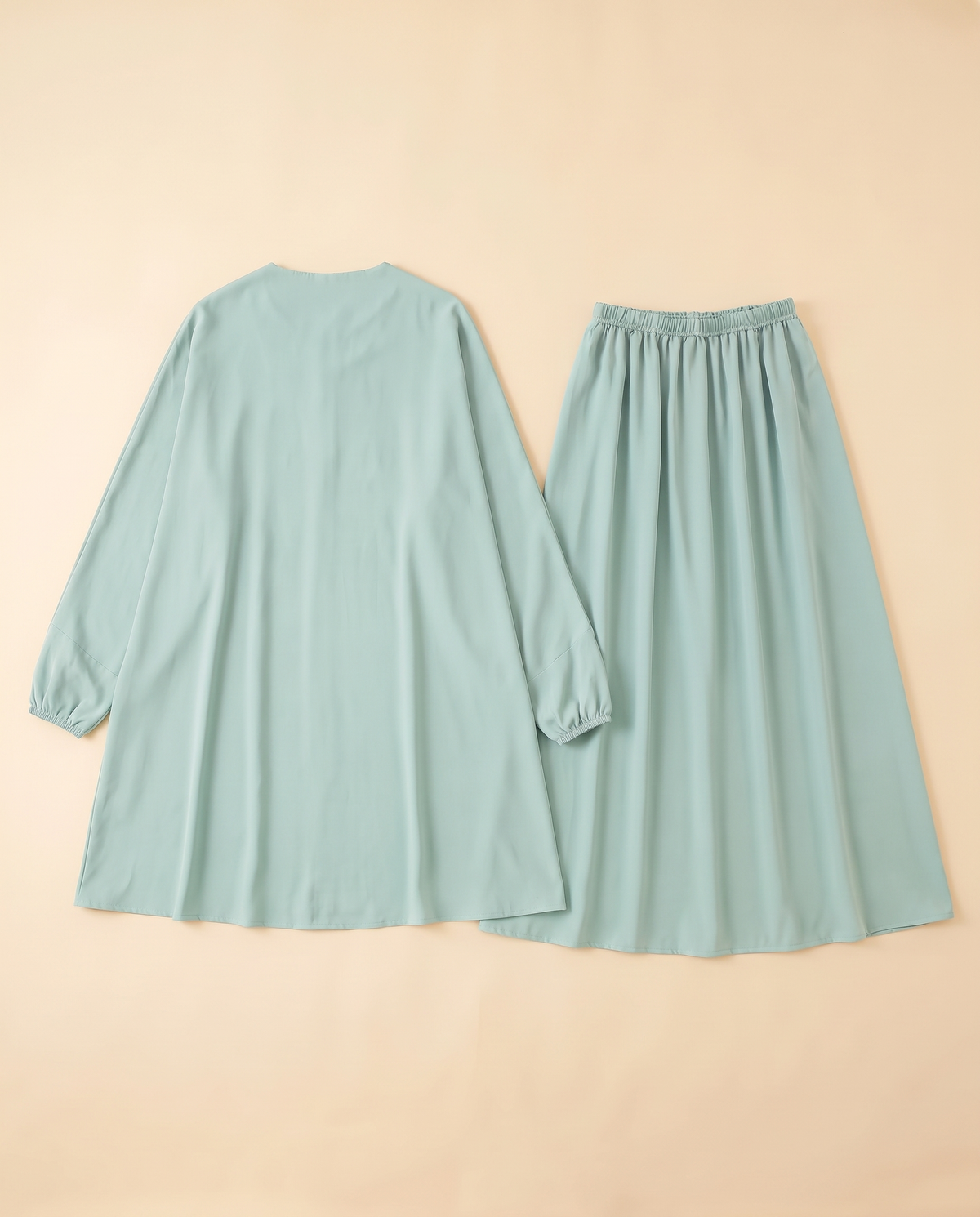 Two-piece khimar and skirt prayer set in Mint, flat lay