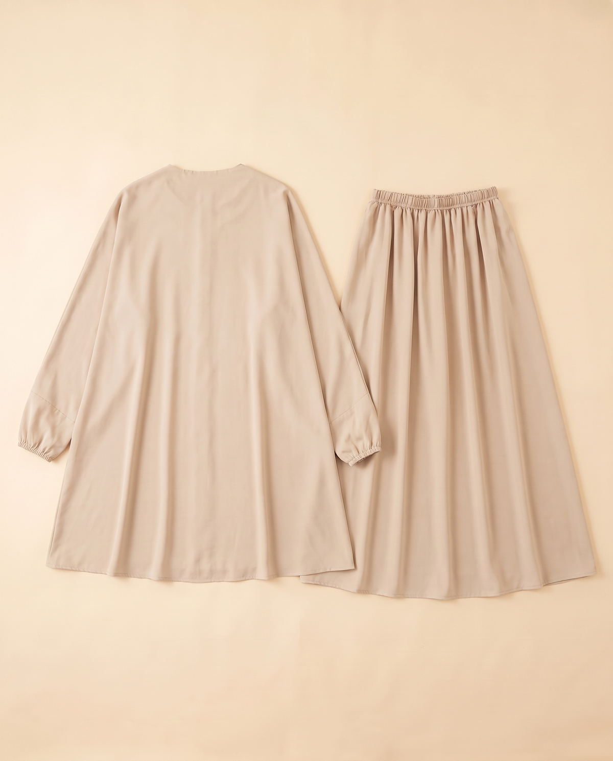 Two-piece khimar and skirt prayer set in Beige, flat lay