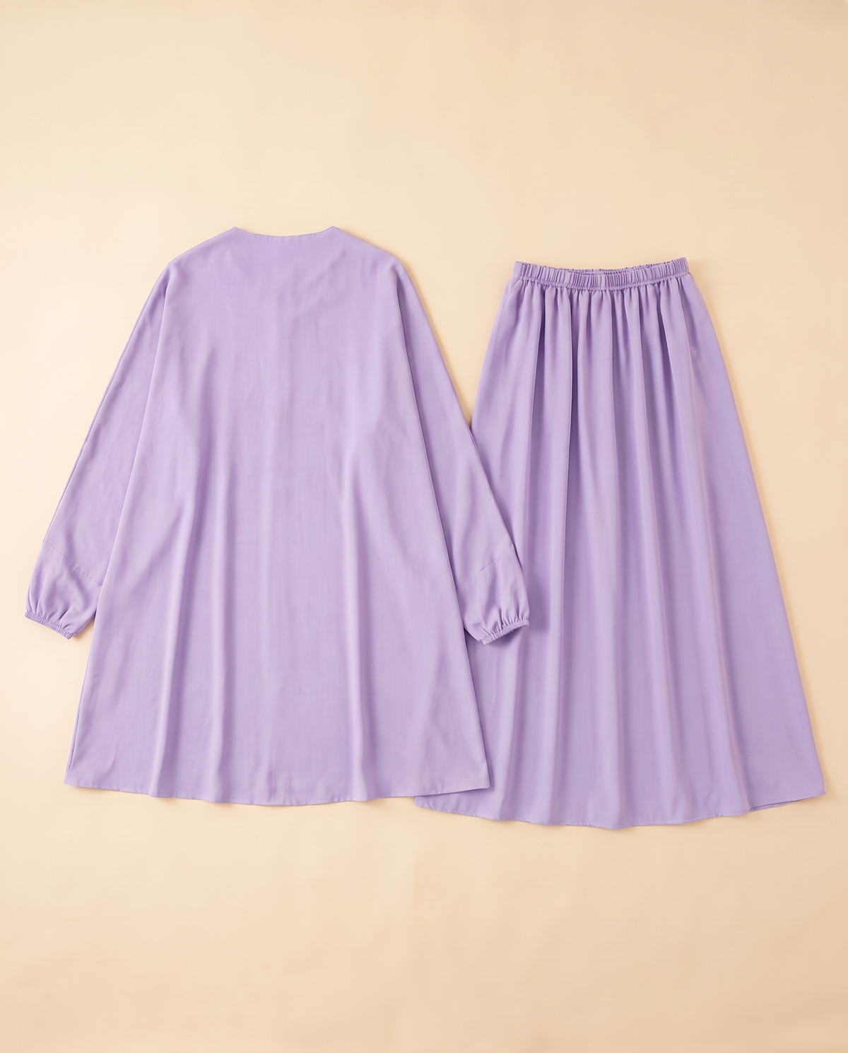 Two-piece khimar and skirt prayer set in Lilac, flat lay