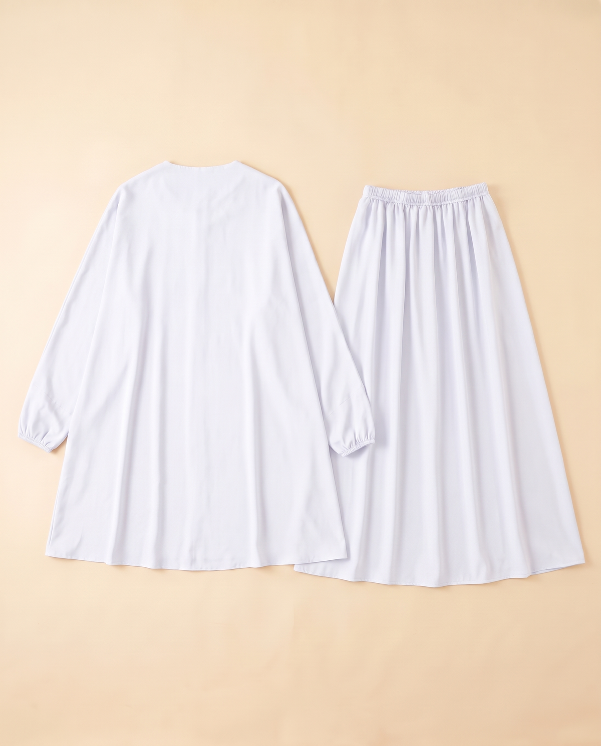 Two-piece khimar and skirt prayer set in White, flat lay