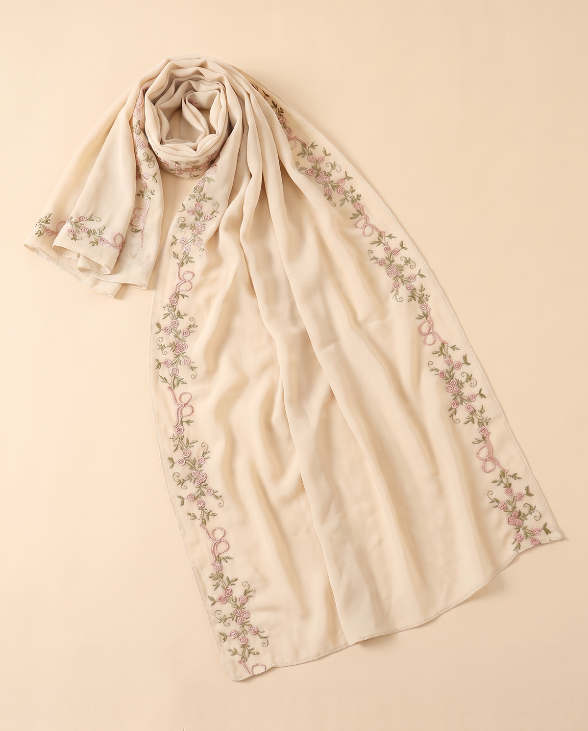 Wardah embroidered chiffon shayla in Cream, flat