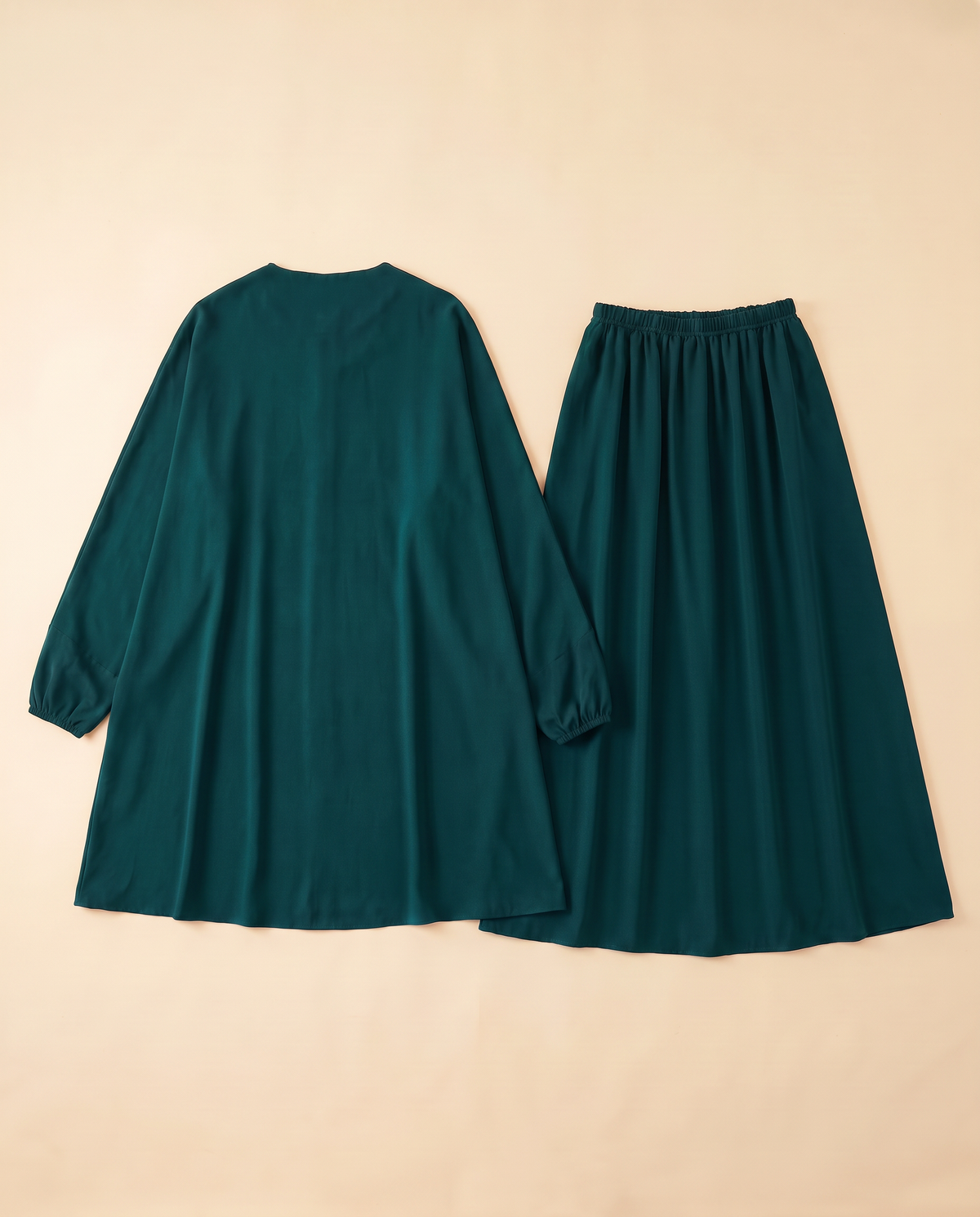 Two-piece khimar and skirt prayer set in Teal, flat lay
