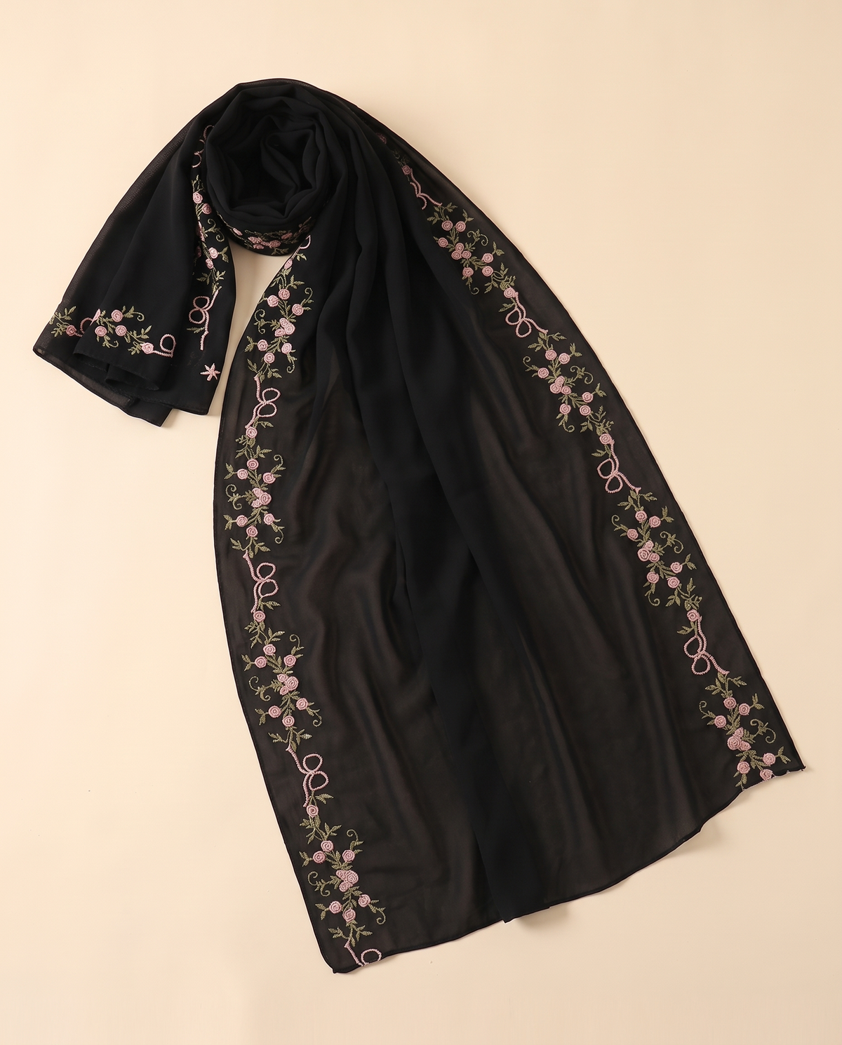 Wardah embroidered chiffon shayla in Black, flat