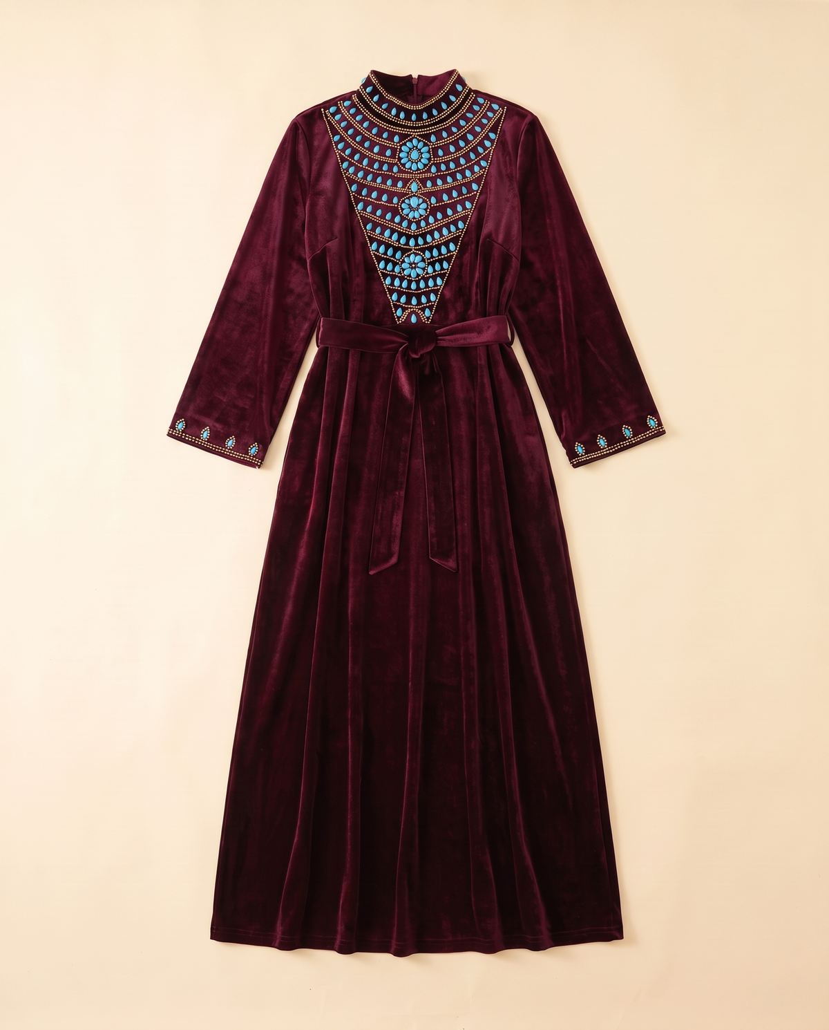 Beaded-yoke velvet abaya in Wine Red, flat lay