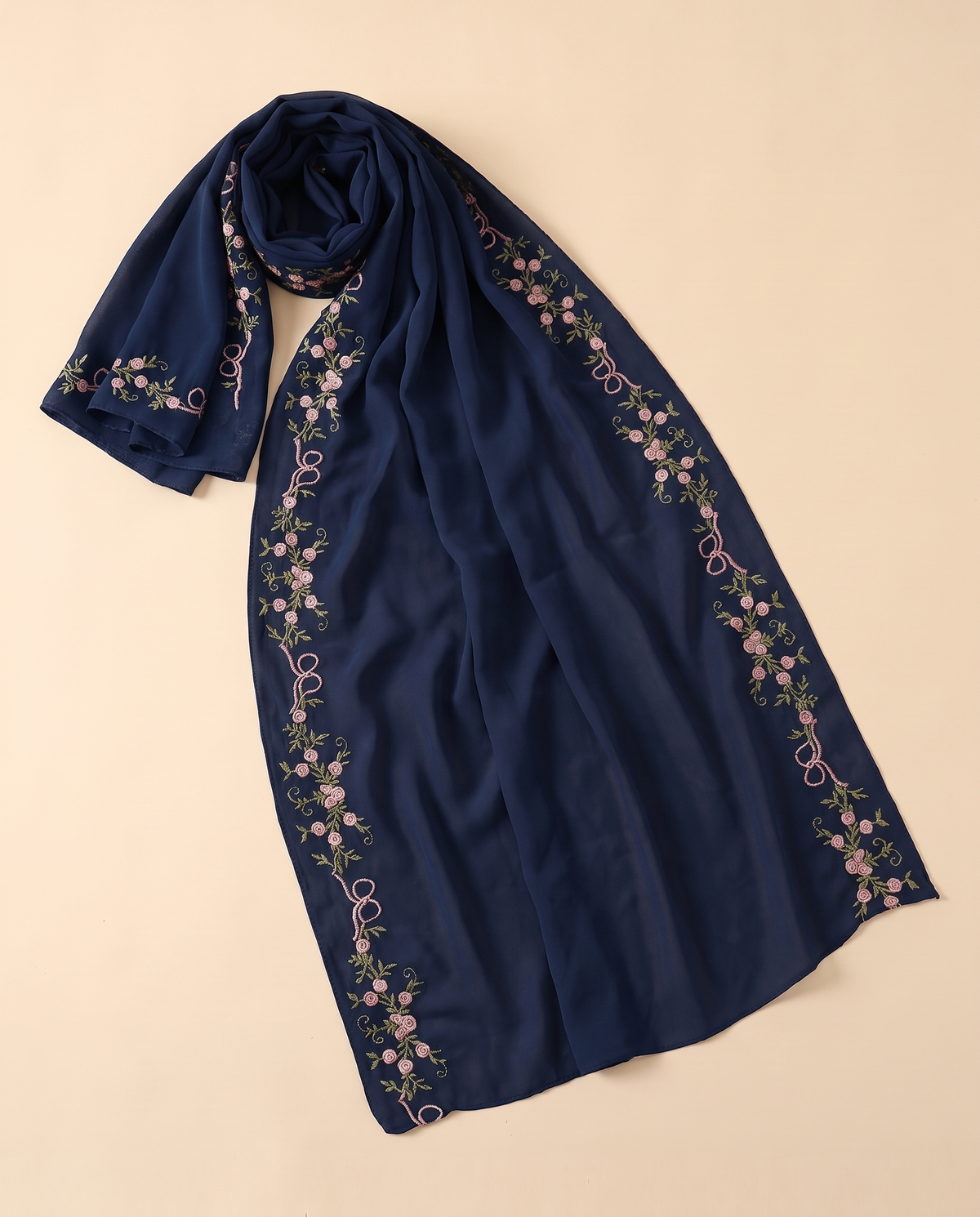 Wardah embroidered chiffon shayla in Navy, flat