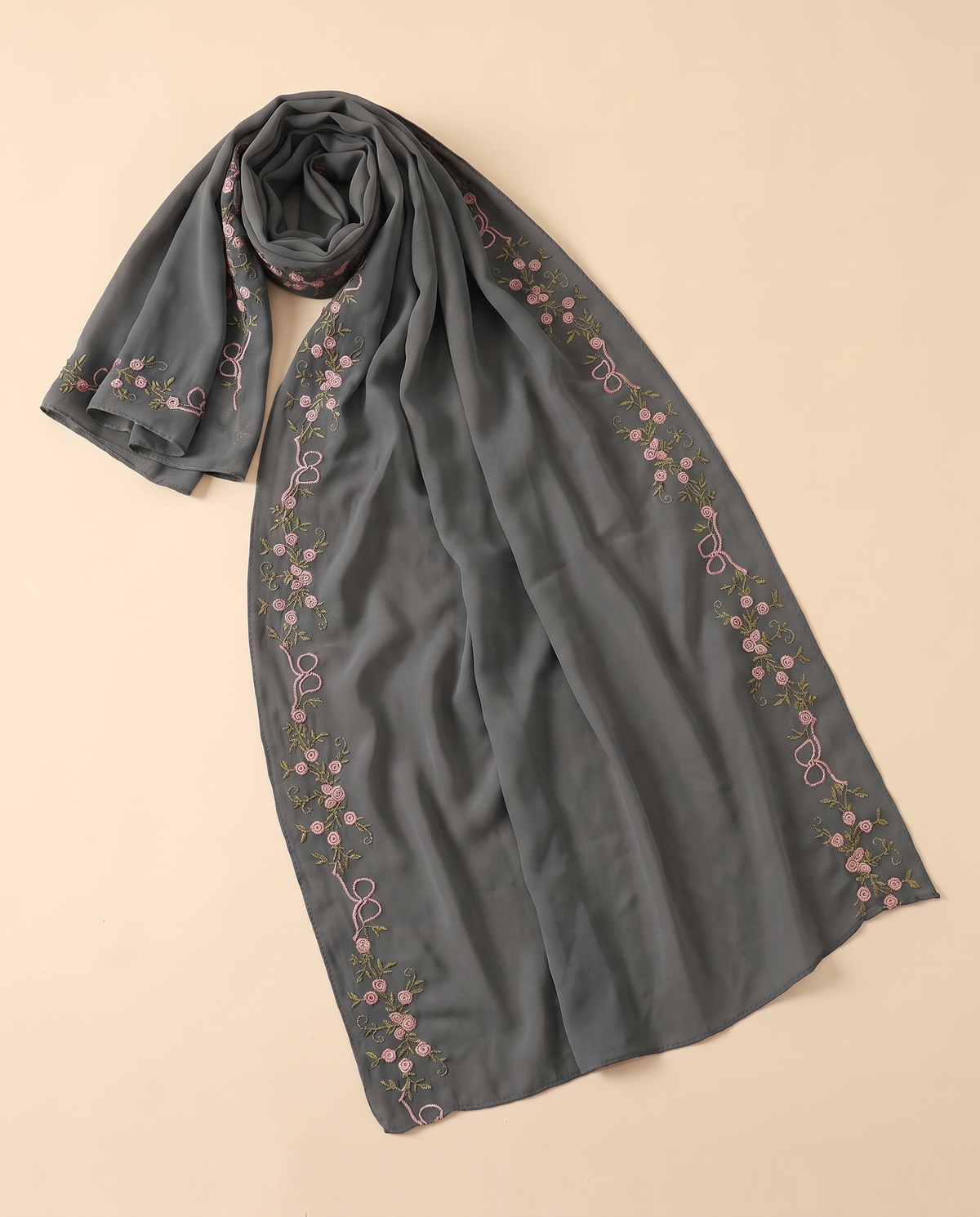 Wardah embroidered chiffon shayla in Charcoal, flat