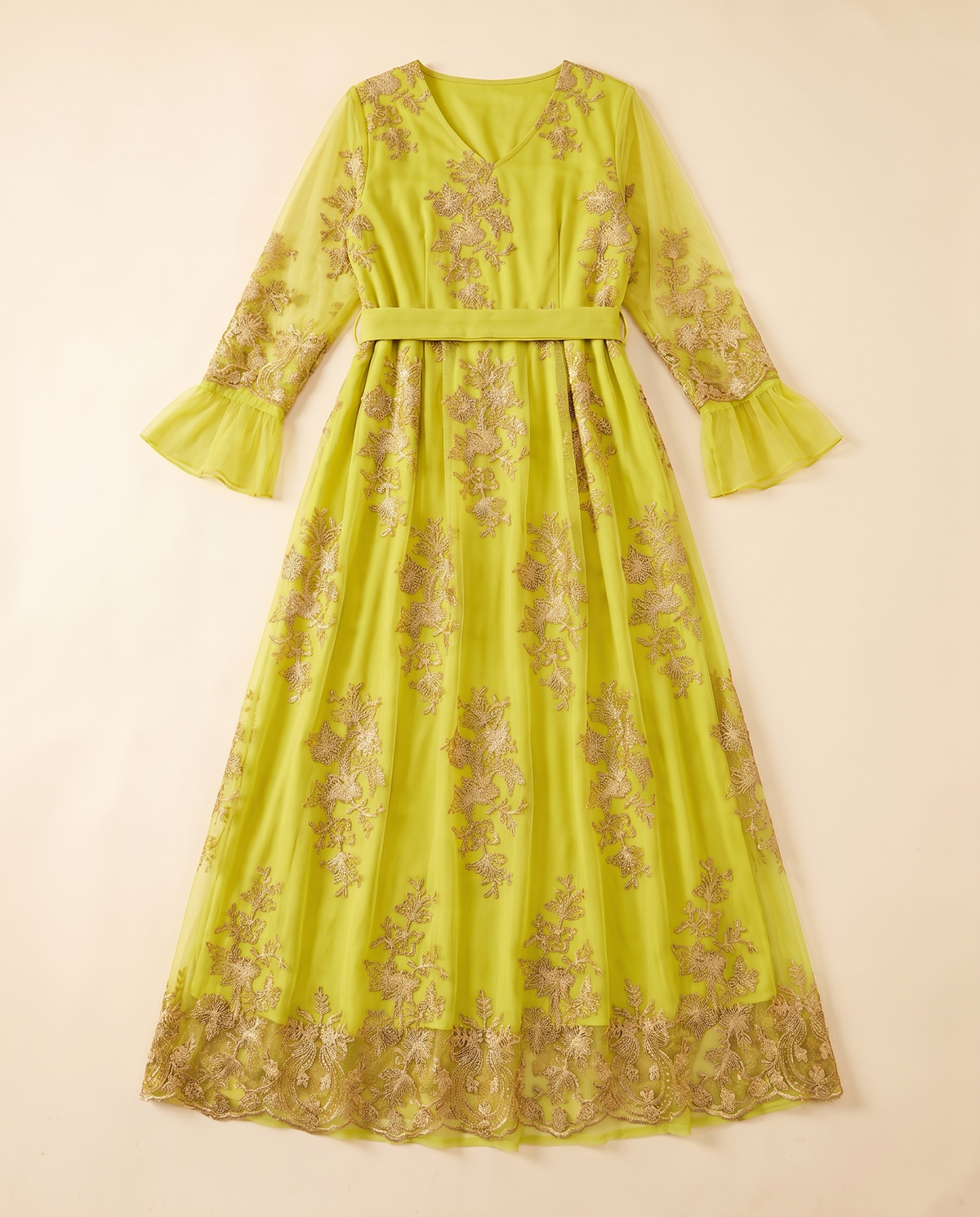 Warda gold-embroidered tulle abaya in Chartreuse, flat lay