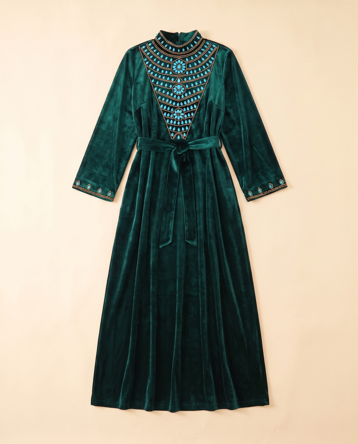 Beaded-yoke velvet abaya in Emerald, flat lay