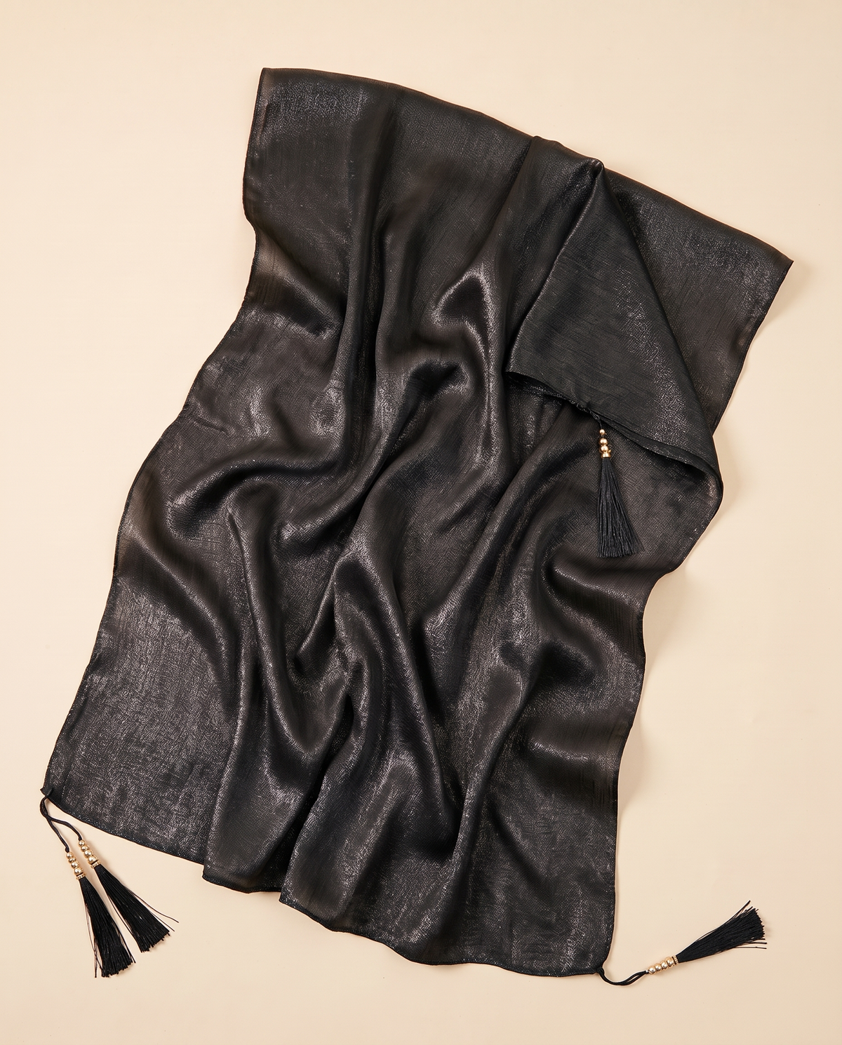 Yara tasseled shimmer shawl in Black, flat