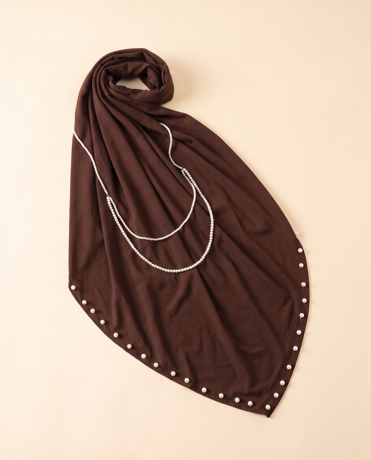 Zahia pearl-trim instant hijab in Brown, flat