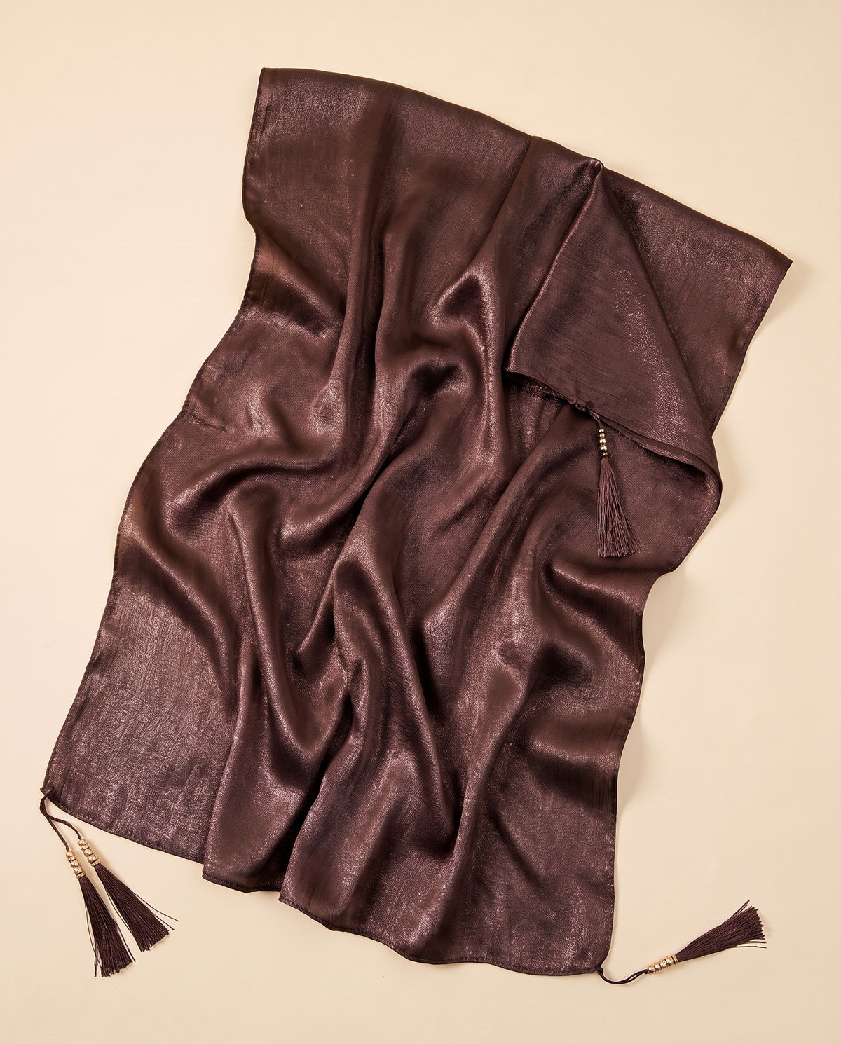 Yara tasseled shimmer shawl in Chocolate, flat