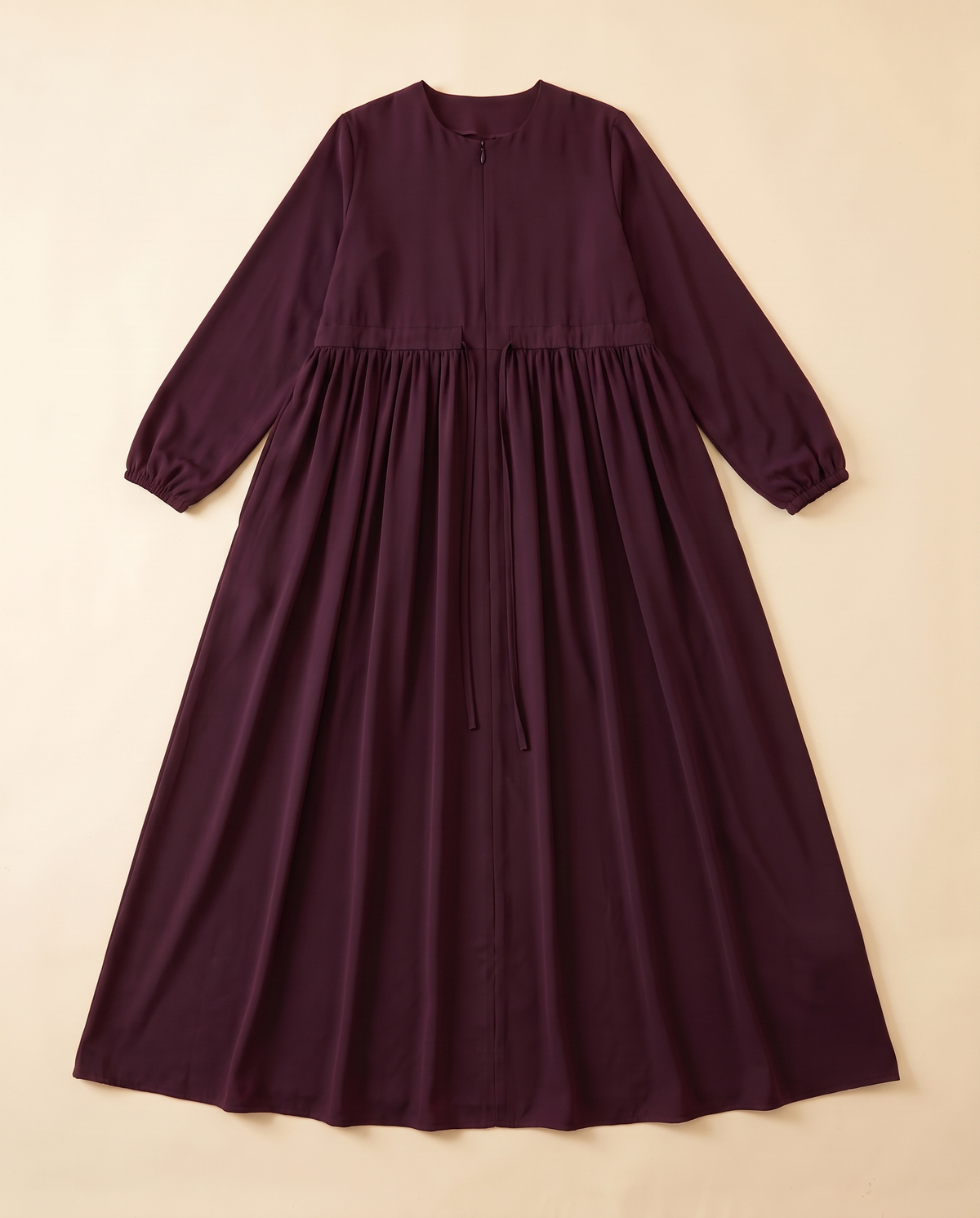 Zip-front swing abaya in Burgundy, flat lay