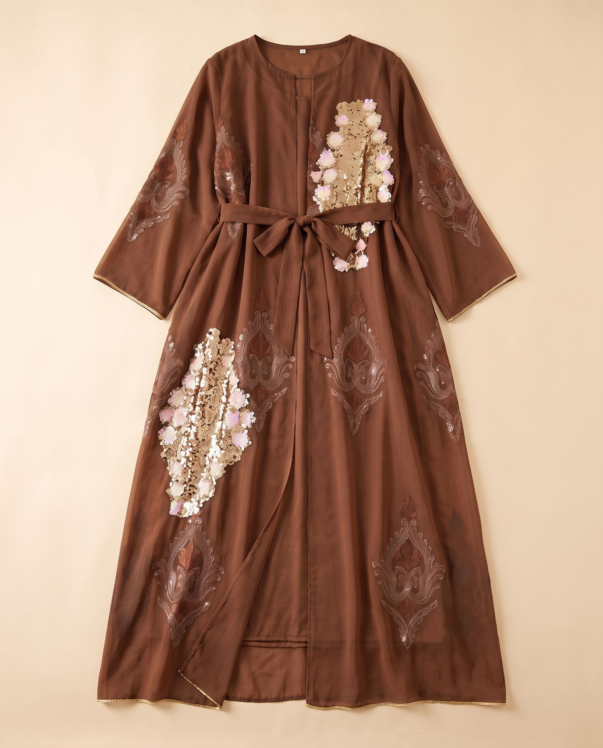 Zaina embroidered sequin kaftan in Coffee, flat lay