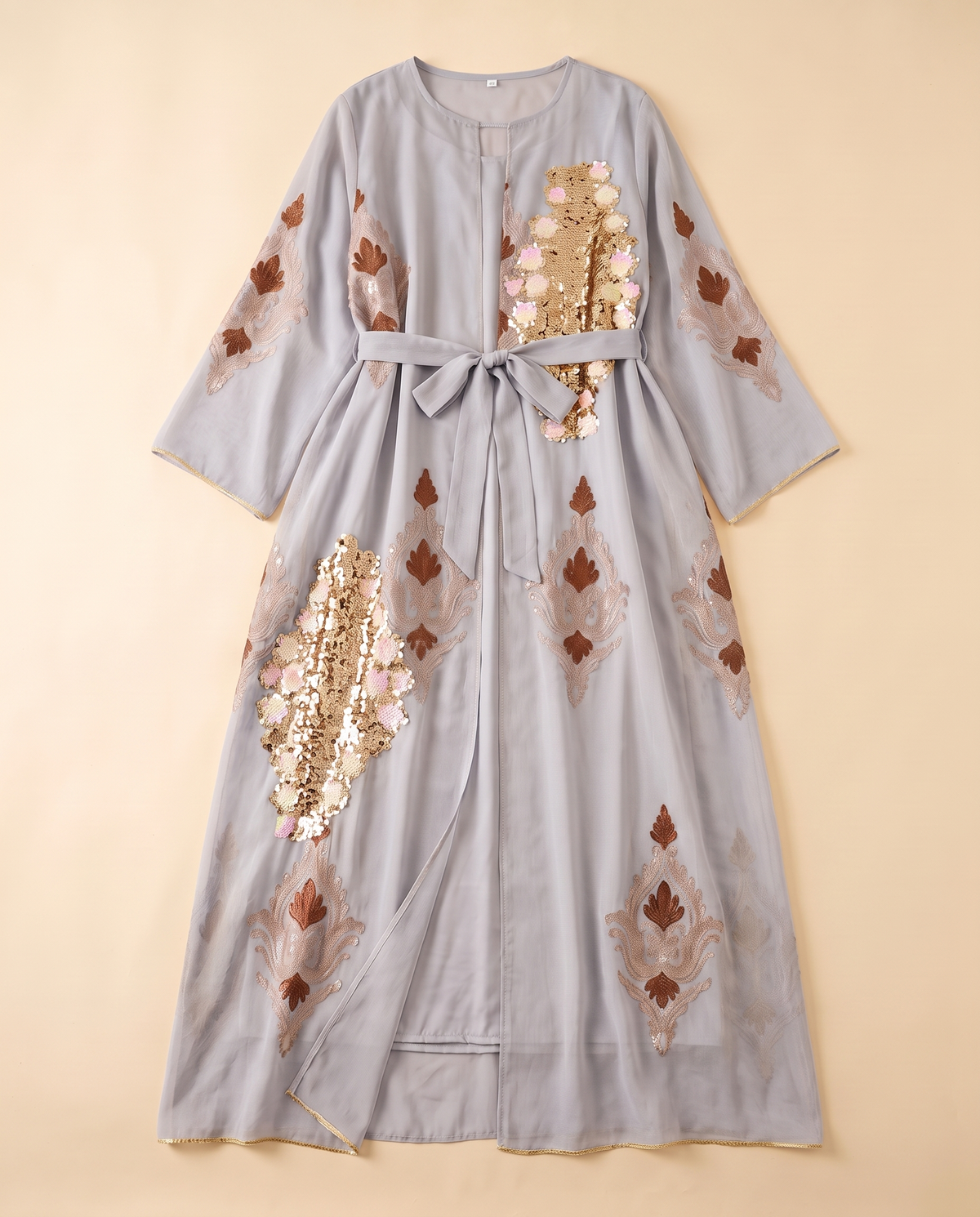 Zaina embroidered sequin kaftan in Silver Grey, flat lay