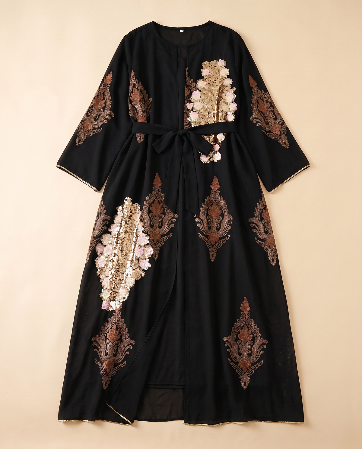 Zaina embroidered sequin kaftan in Black, flat lay