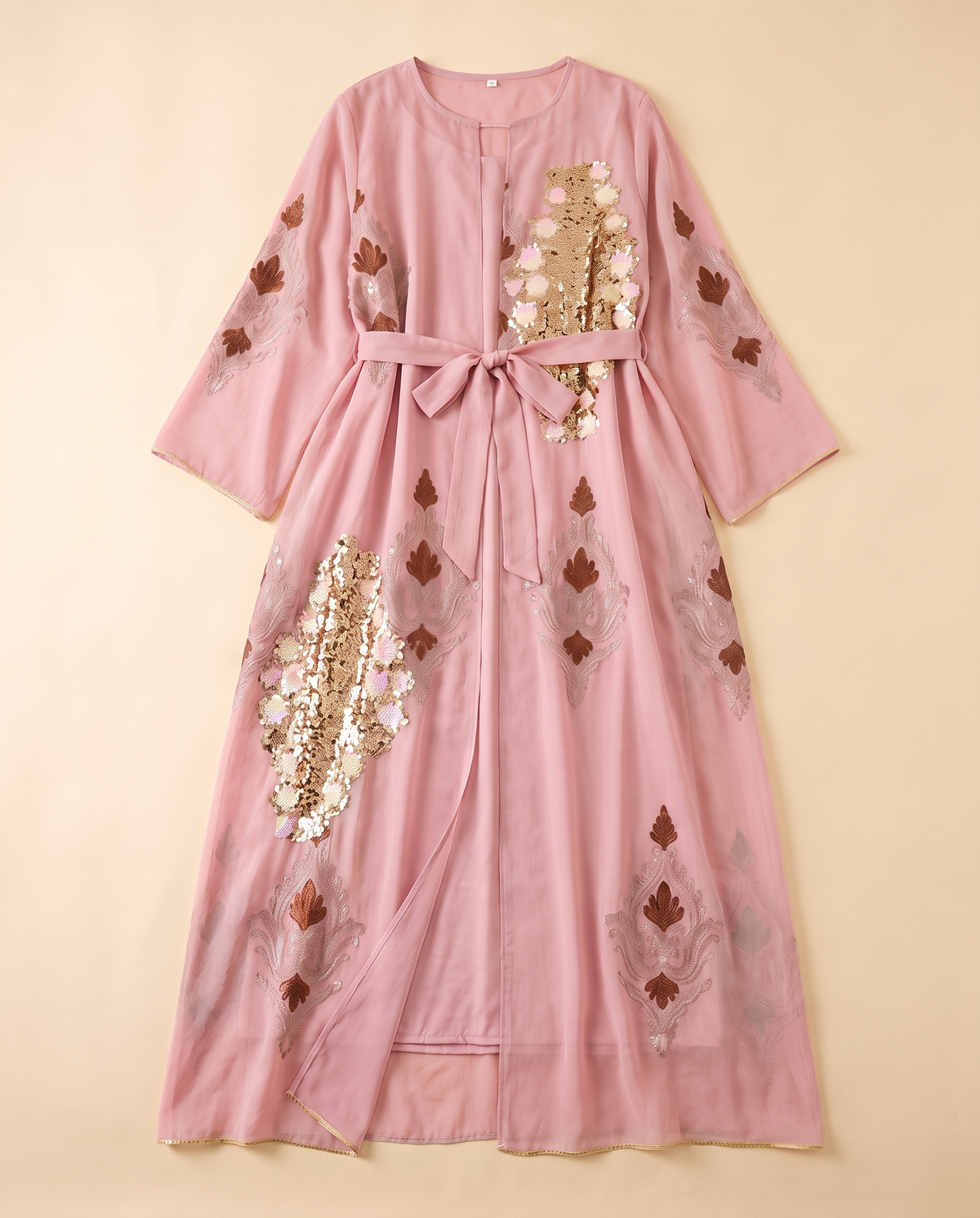 Zaina embroidered sequin kaftan in Dusty Pink, flat lay