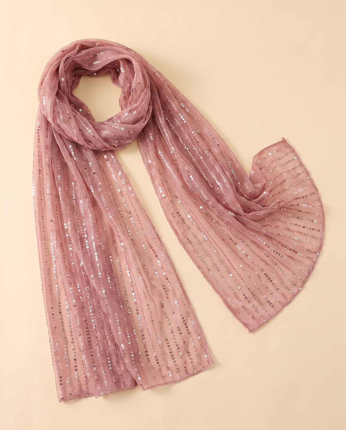 Zara sequin shimmer scarf in Dusty Pink, flat