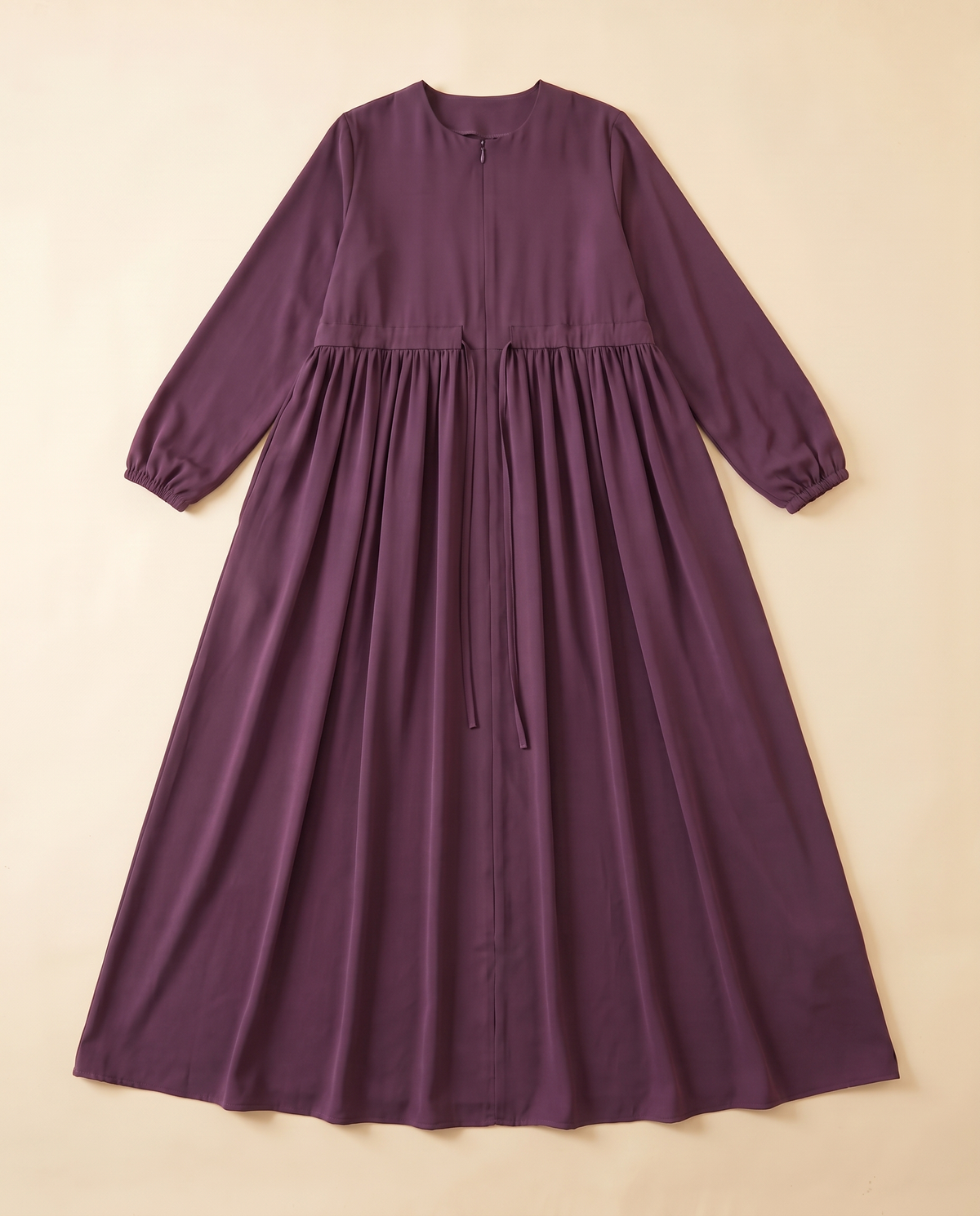 Zip-front swing abaya in Plum, flat lay